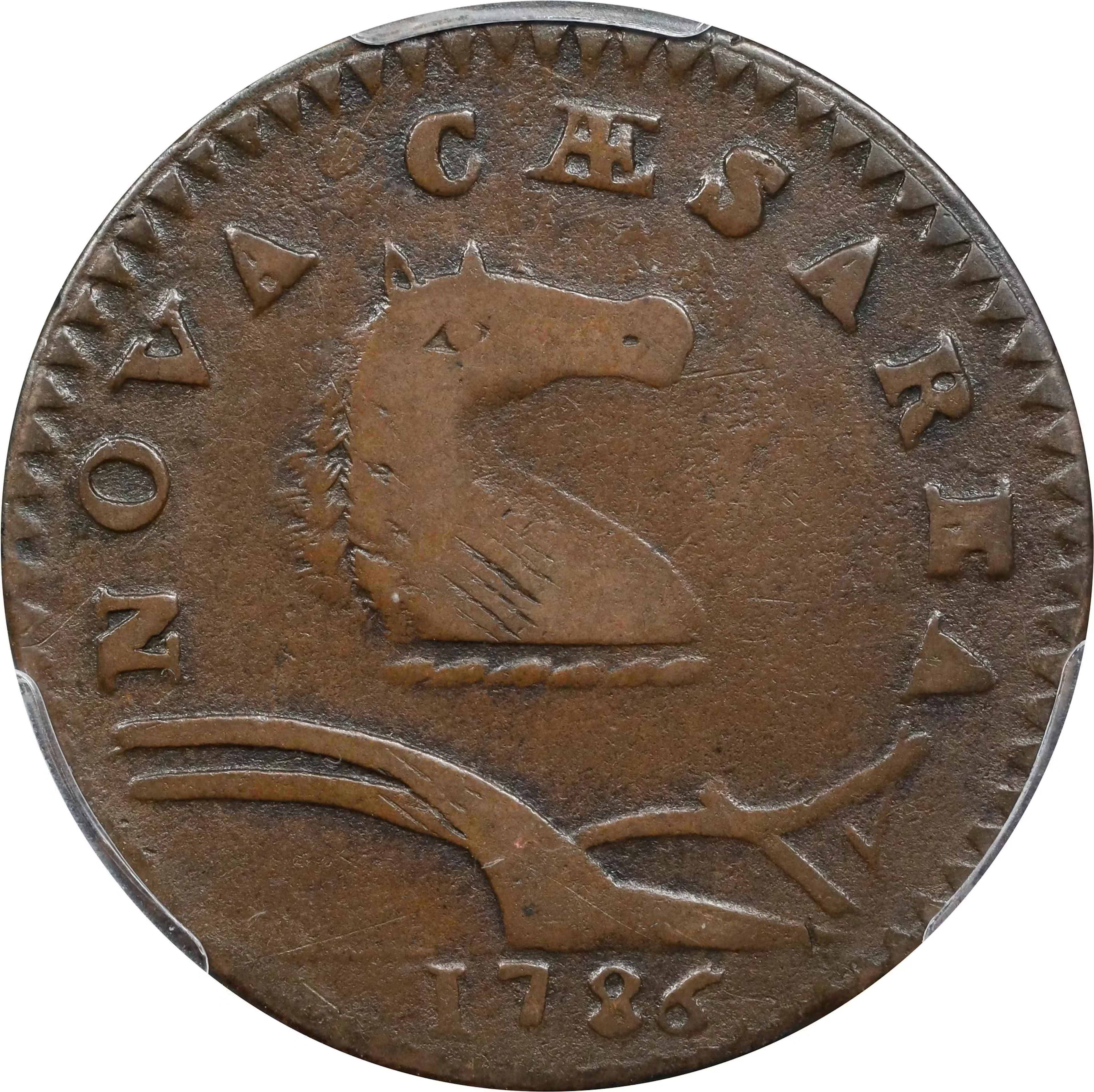 1786 New Jersey Copper. Maris 21-N, W-4910. Rarity-3. Curved Plow