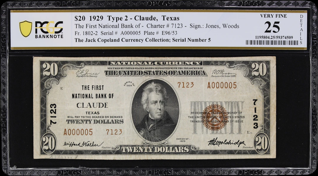 Claude, Texas. $20 1929 Ty. 2. Fr. 1802-2. First NB. Charter #7123.