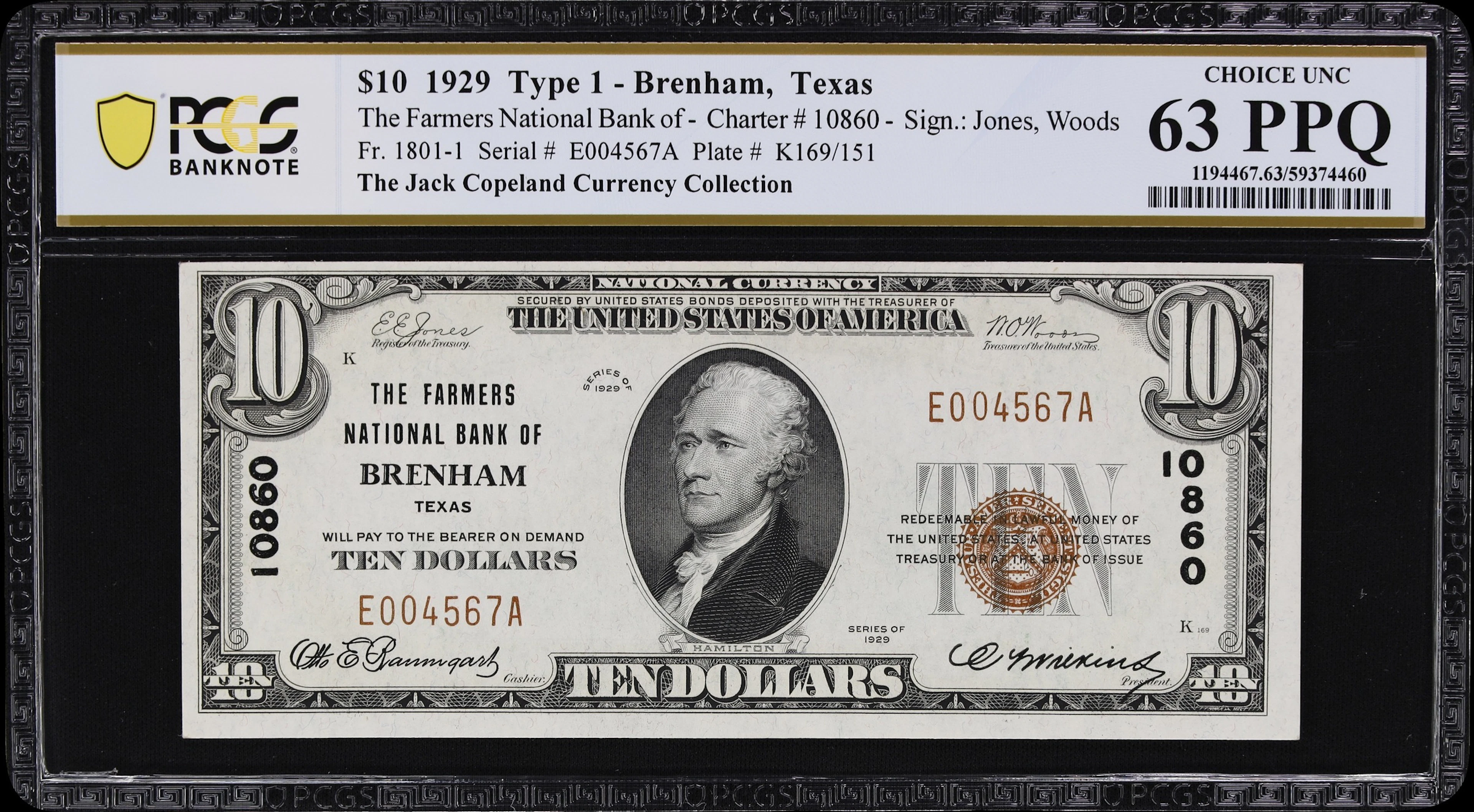 Brenham, Texas. $10 1929 Ty. 1. Fr. 1801-1. Farmers NB. Charter #10860.