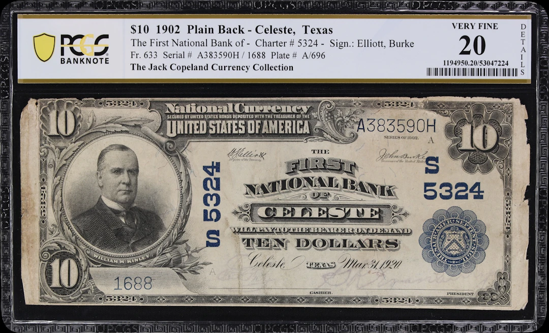 Celeste, Texas. $10 1902 Plain Back. Fr. 633. First NB. Charter #5324.