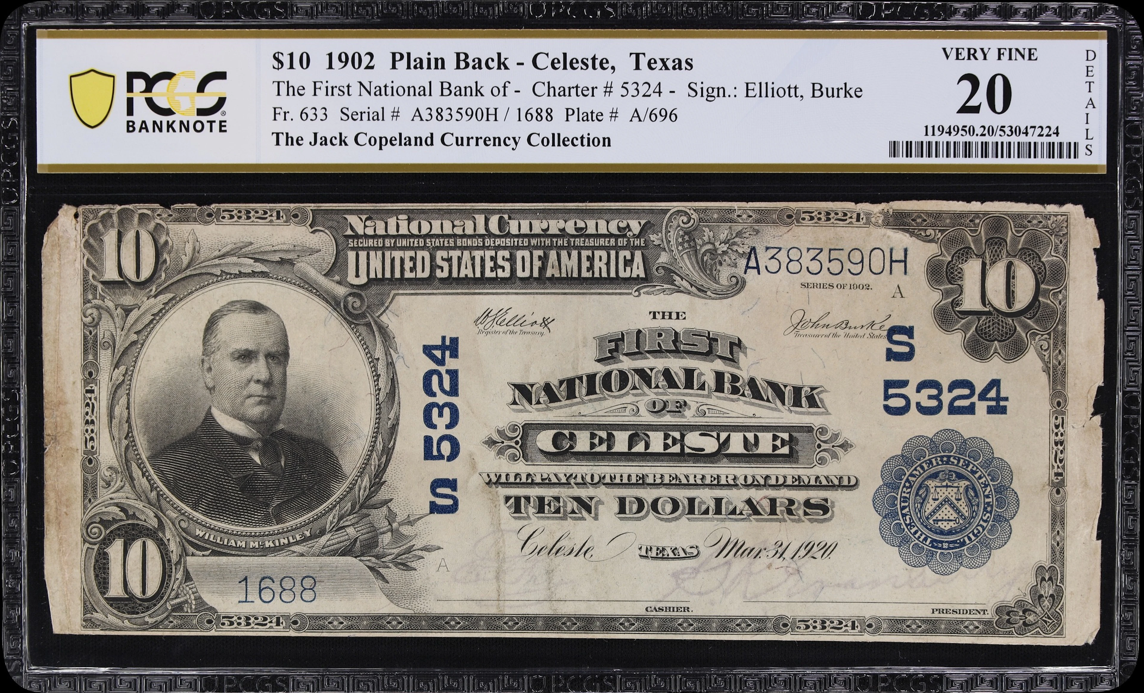 Celeste, Texas. $10 1902 Plain Back. Fr. 633. First NB. Charter #5324.