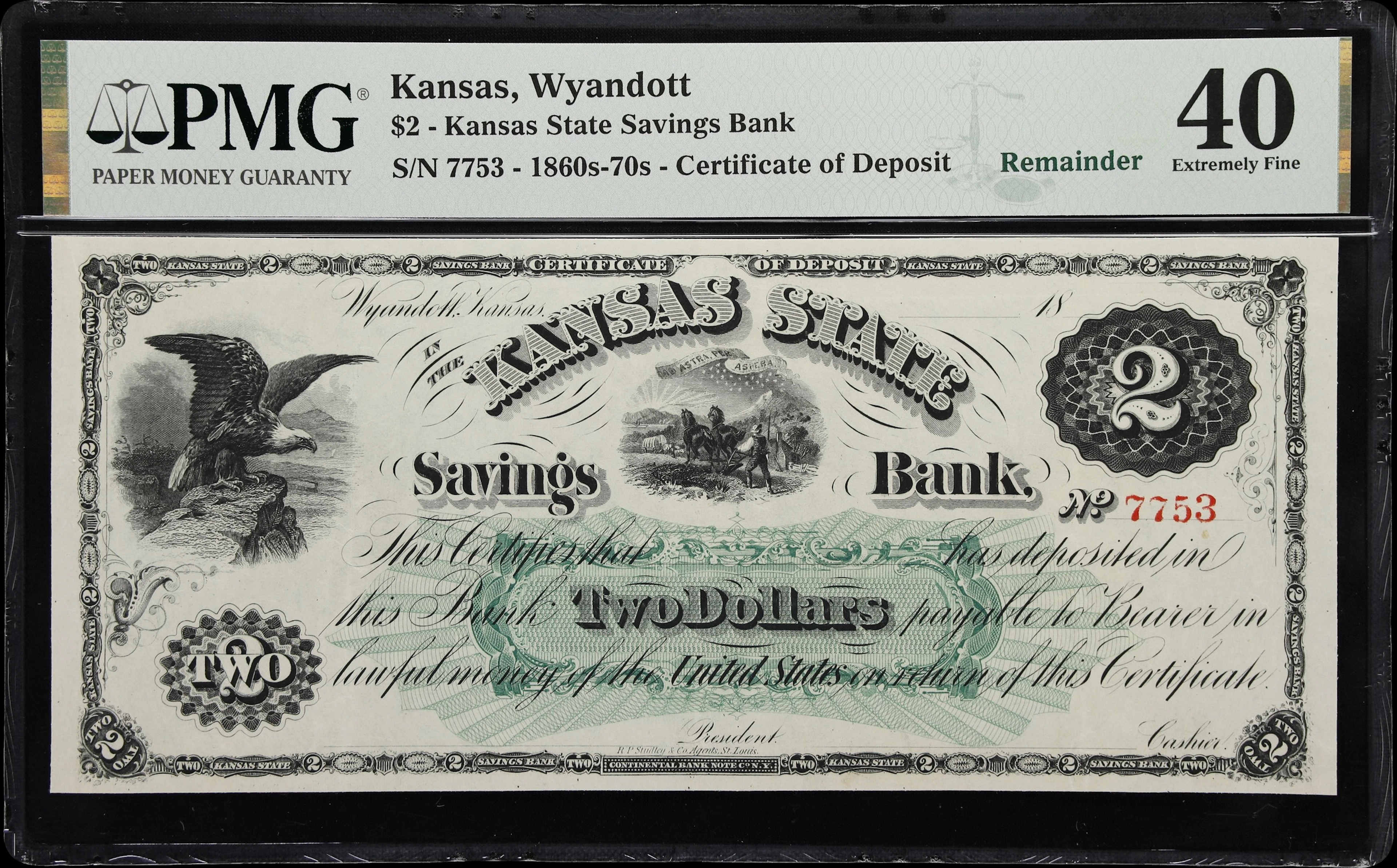 Wyandott, Kansas. Kansas State Savings Bank. 18xx $2. PMG Extremely