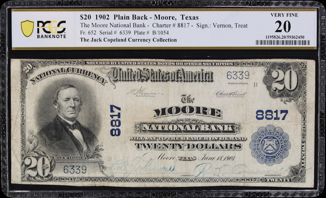 Moore, Texas. $20 1902 Plain Back. Fr. 652. Moore NB. Charter #8817.