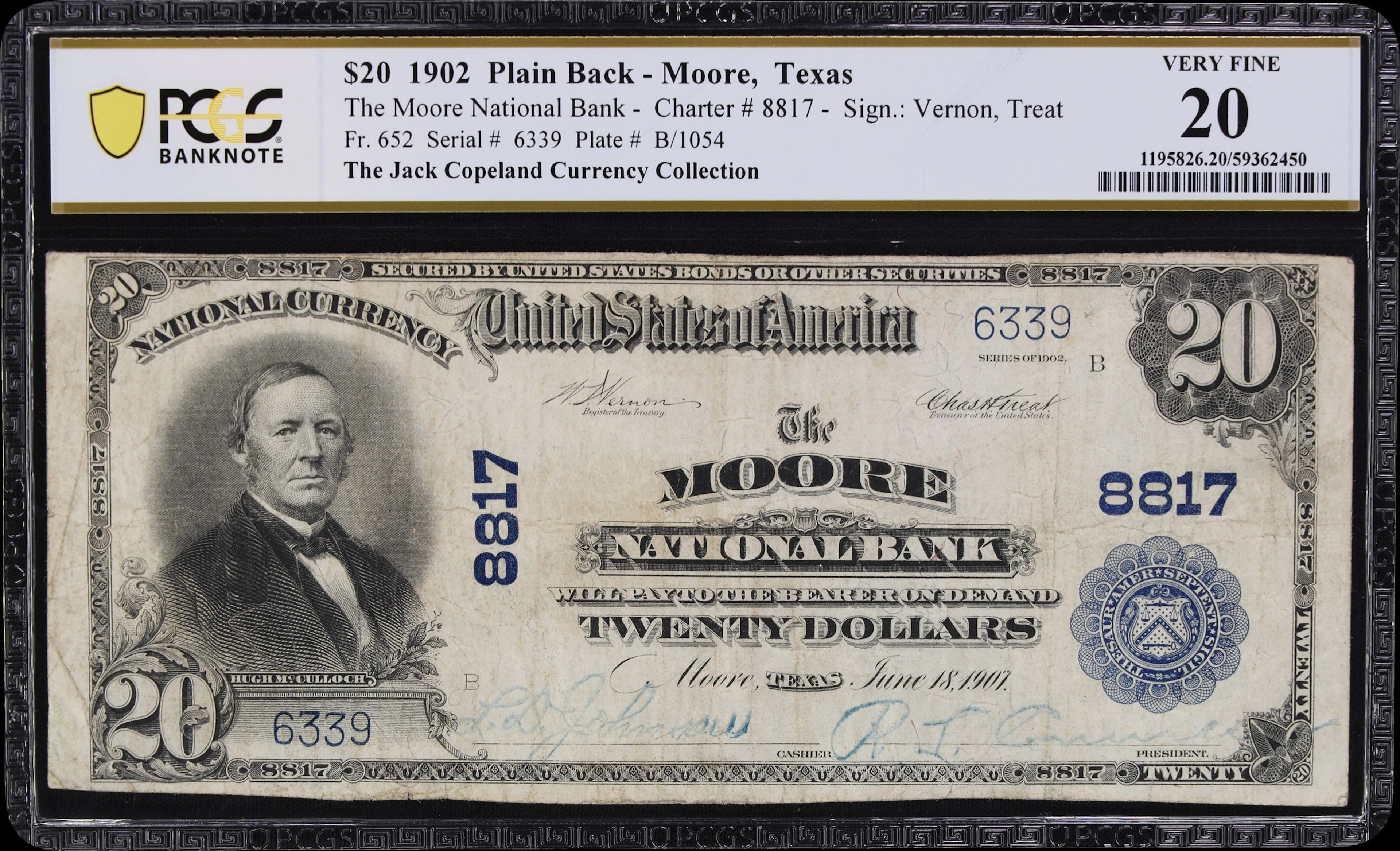 Moore, Texas. $20 1902 Plain Back. Fr. 652. Moore NB. Charter #8817.