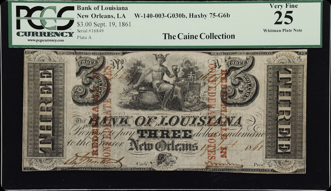 New Orleans, Louisiana. Bank of Louisiana. 1861 $3. PCGS Currency Very Fine 25.
