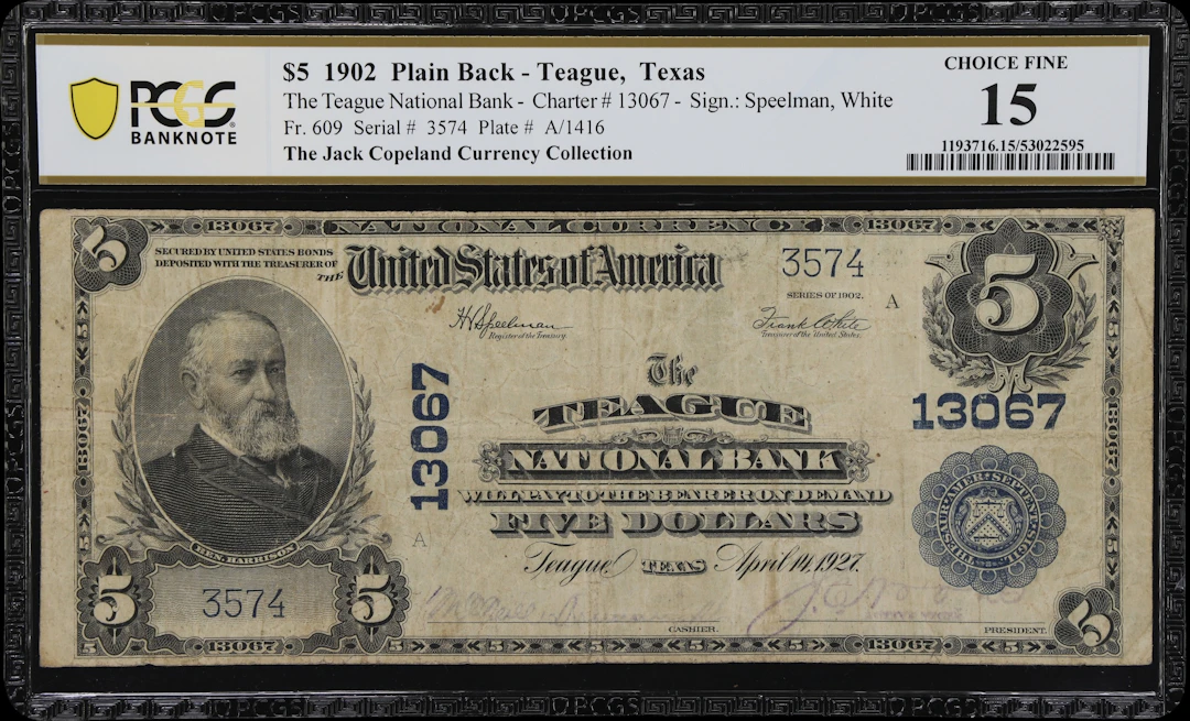 Teague, Texas. $5 1902 Plain Back. Fr. 609. Teague NB. Charter #13067.
