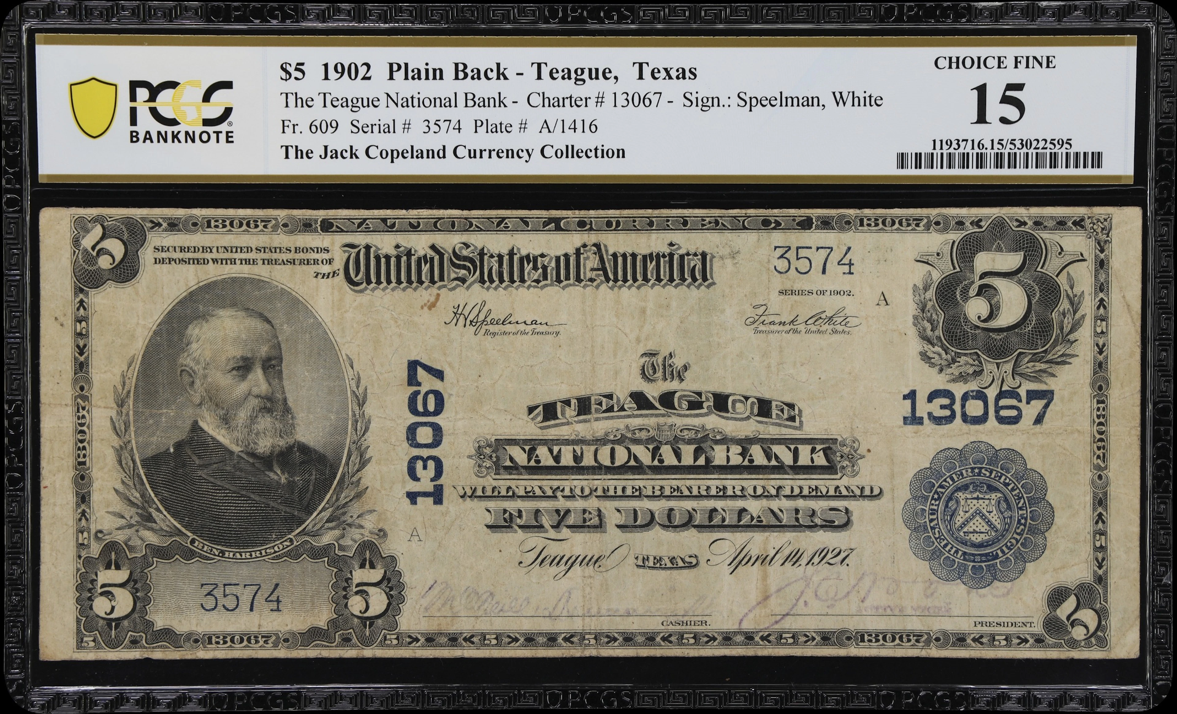 Teague, Texas. $5 1902 Plain Back. Fr. 609. Teague NB. Charter #13067.