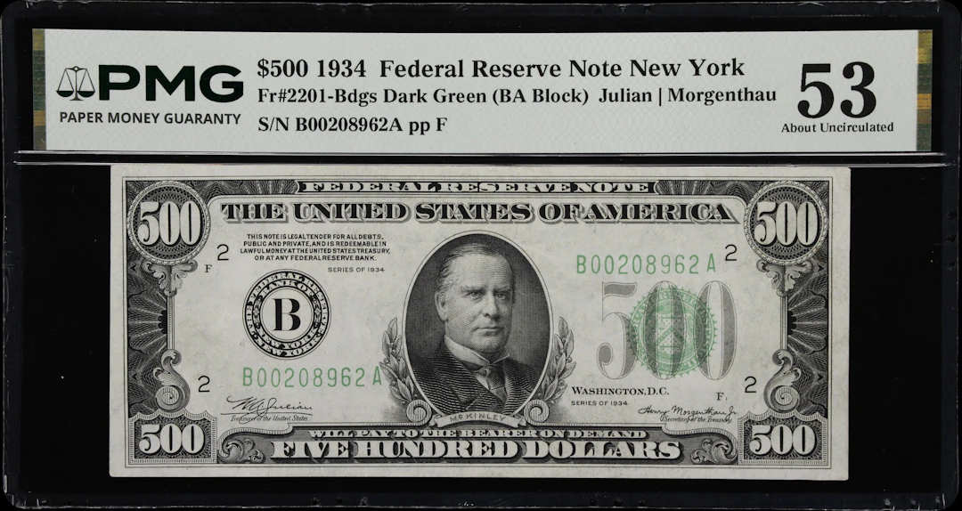 Fr. 2201-Bdgs. 1934 Dark Green Seal $500 Federal Reserve Note. New