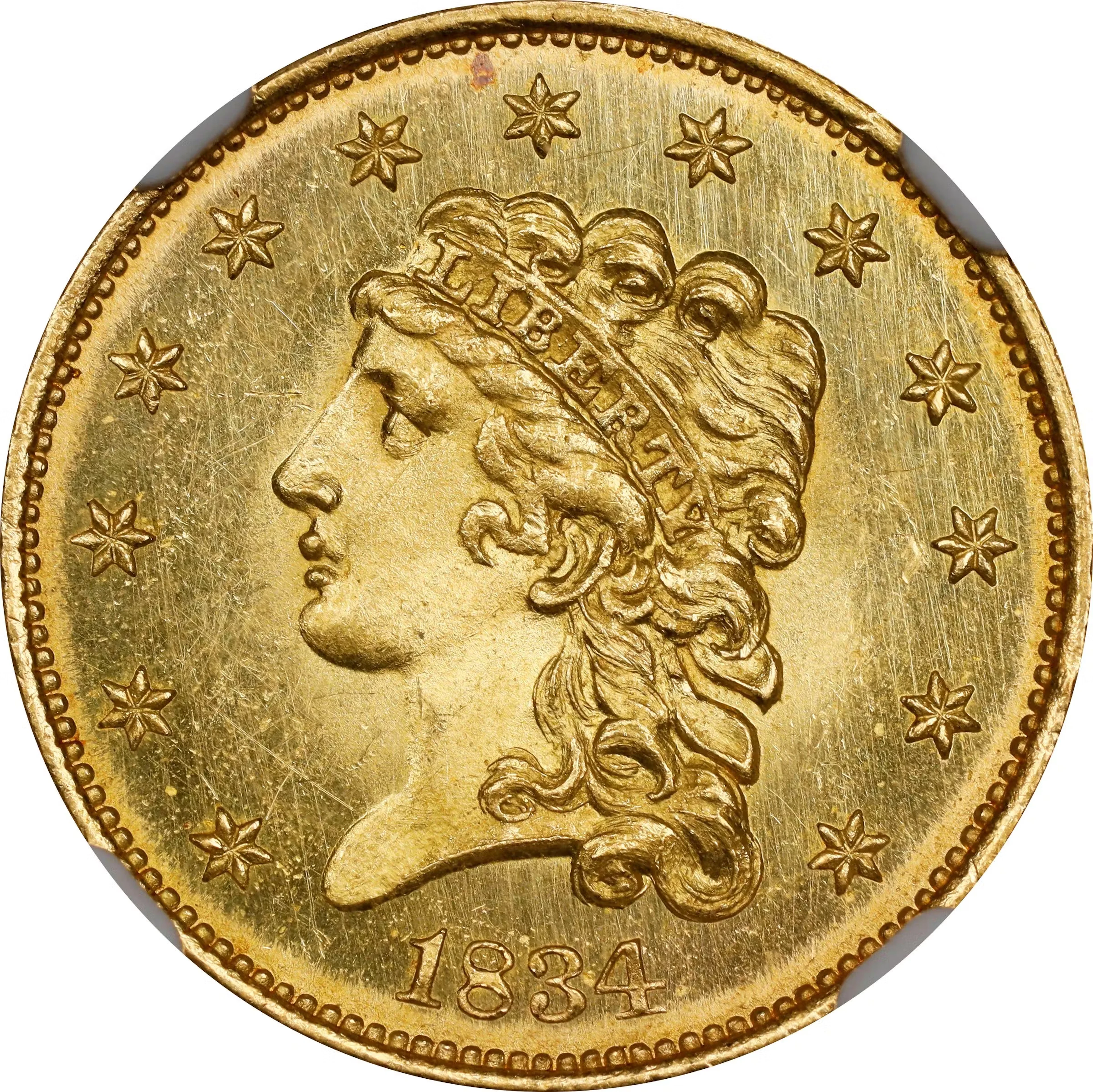 1834 Classic Head Quarter Eagle. HM-1. Rarity-2. Small Head. MS-66 PL (NGC).
