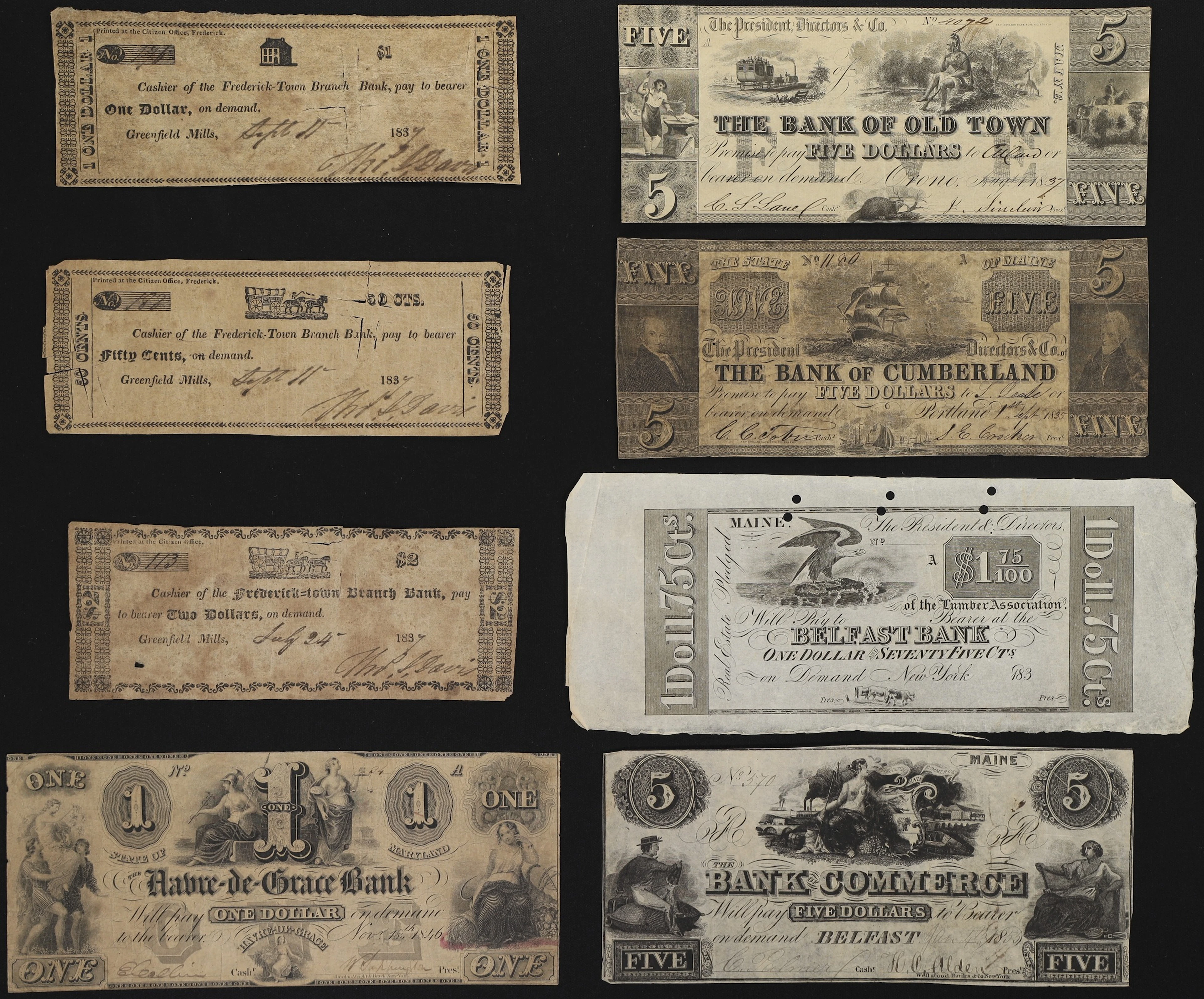 Lot of (8) Maryland Obsoletes. Mixed Issuers. 1835 - 55 Mixed Denominations.