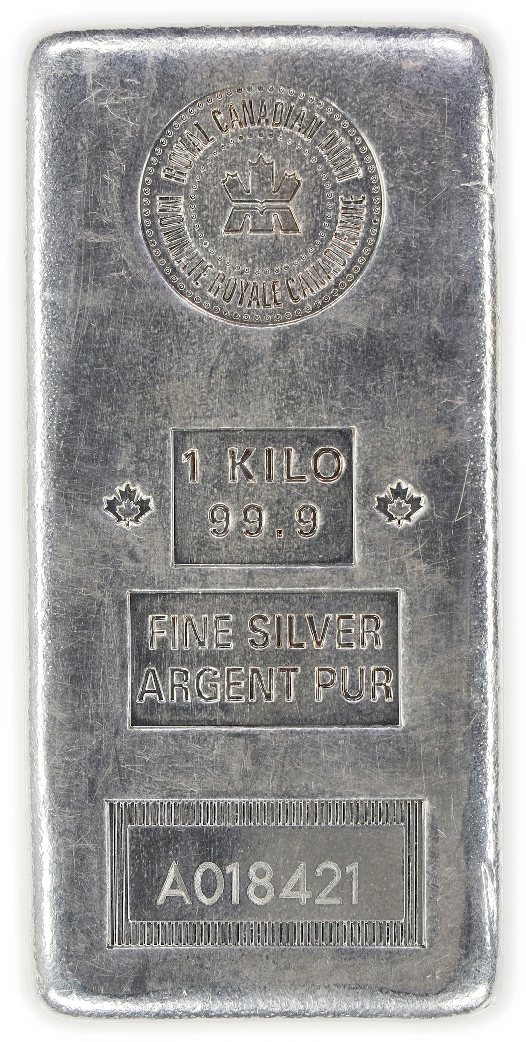 (32.151 oz, 1000 g ASW). Royal Canadian Mint 1 Kilo Silver Bar.