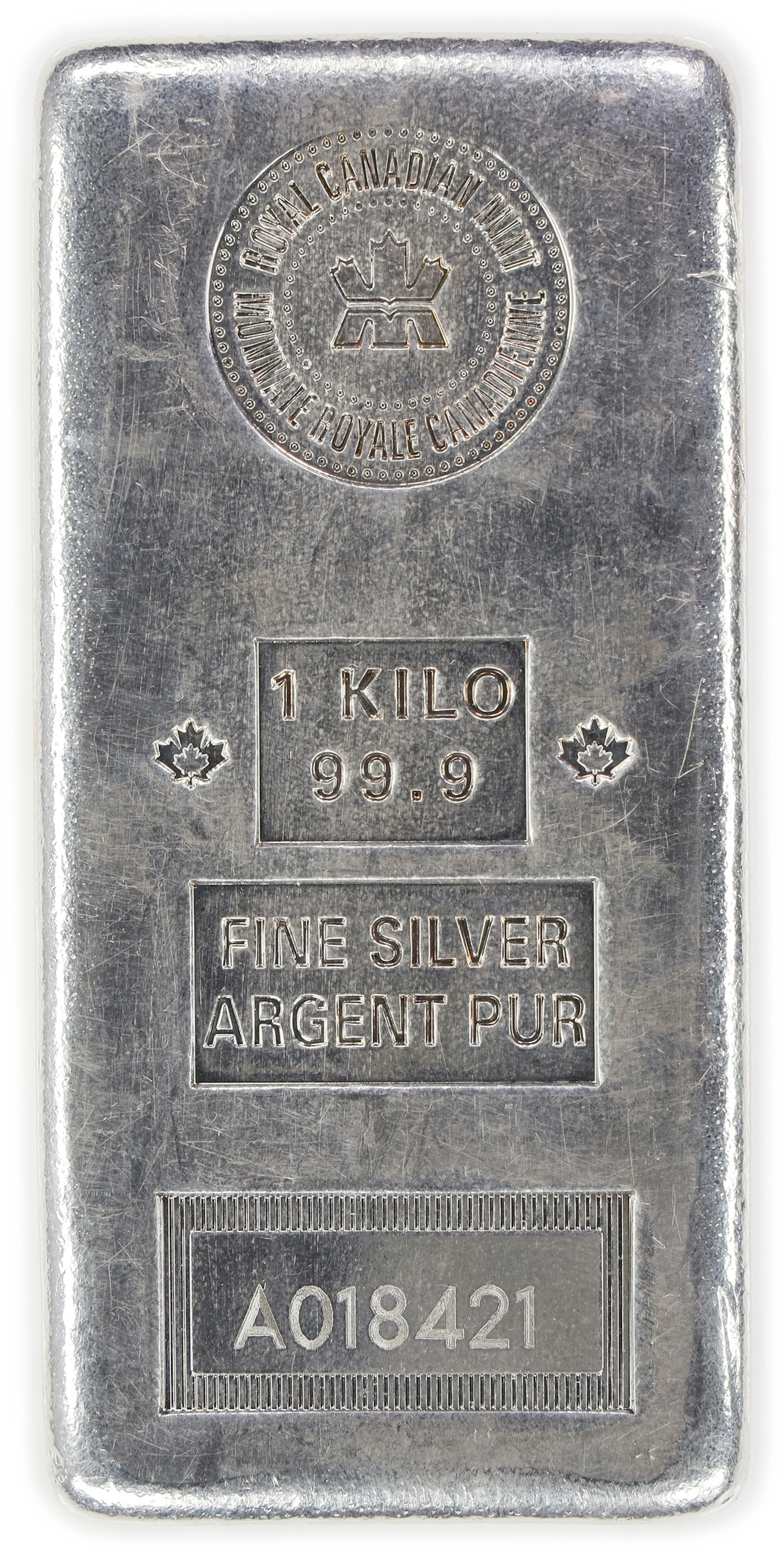 (32.151 oz, 1000 g ASW). Royal Canadian Mint 1 Kilo Silver Bar.