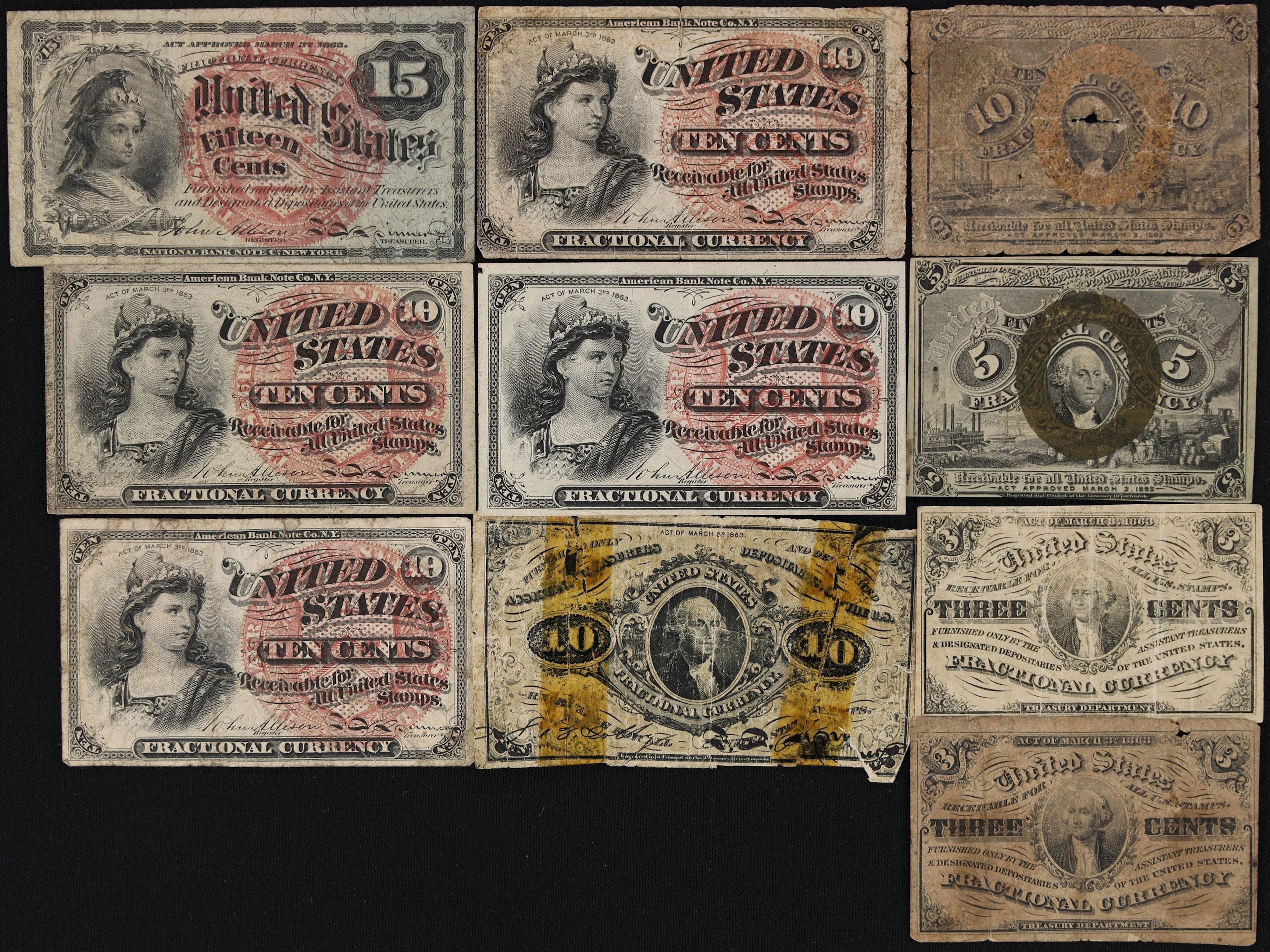 Lot of (10) Mixed Fractionals. Mixed Denominations. Second, Third