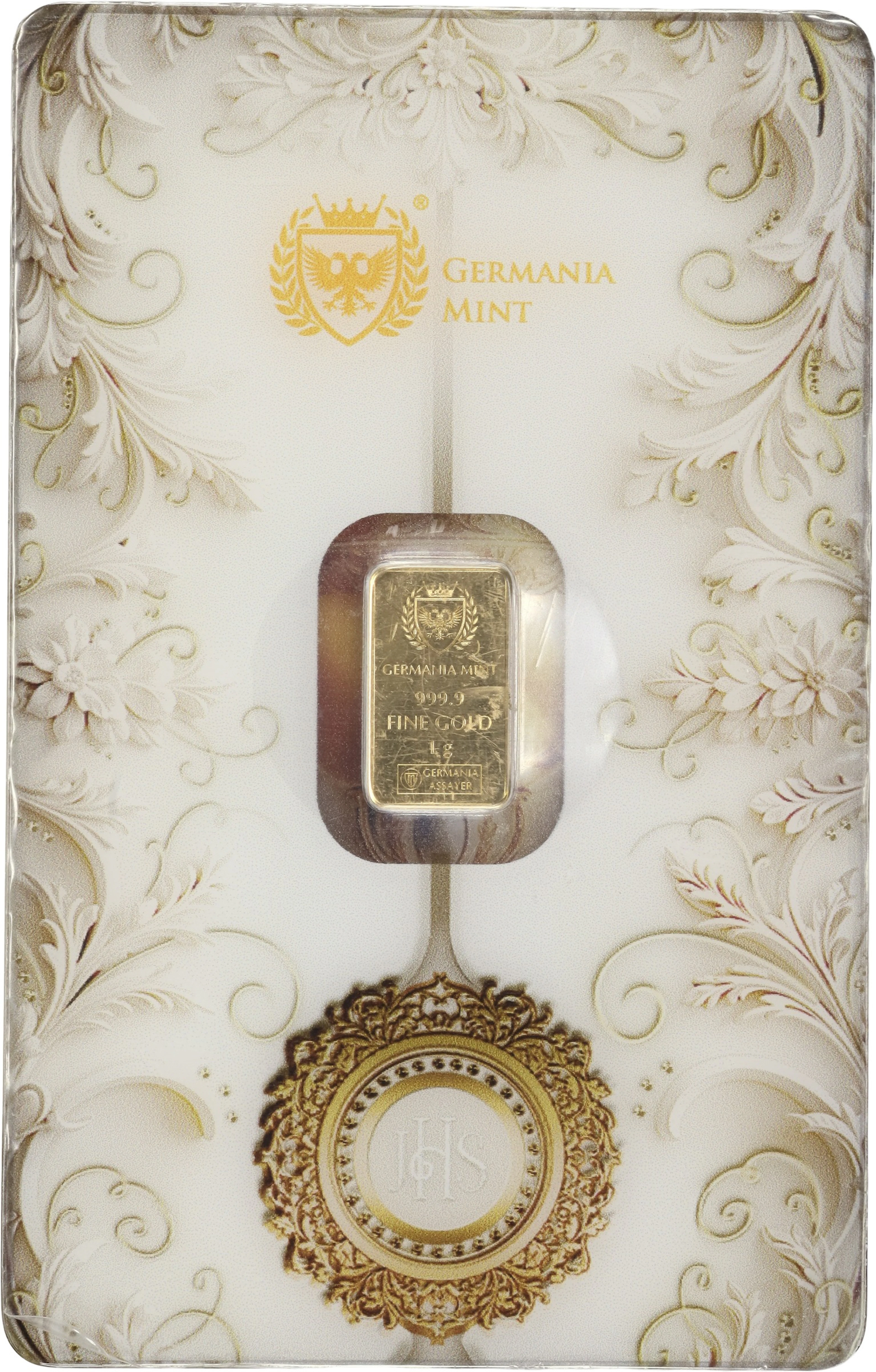 (0.032 oz, 1 g AGW). Germania Mint 1 gram Gold Bar.