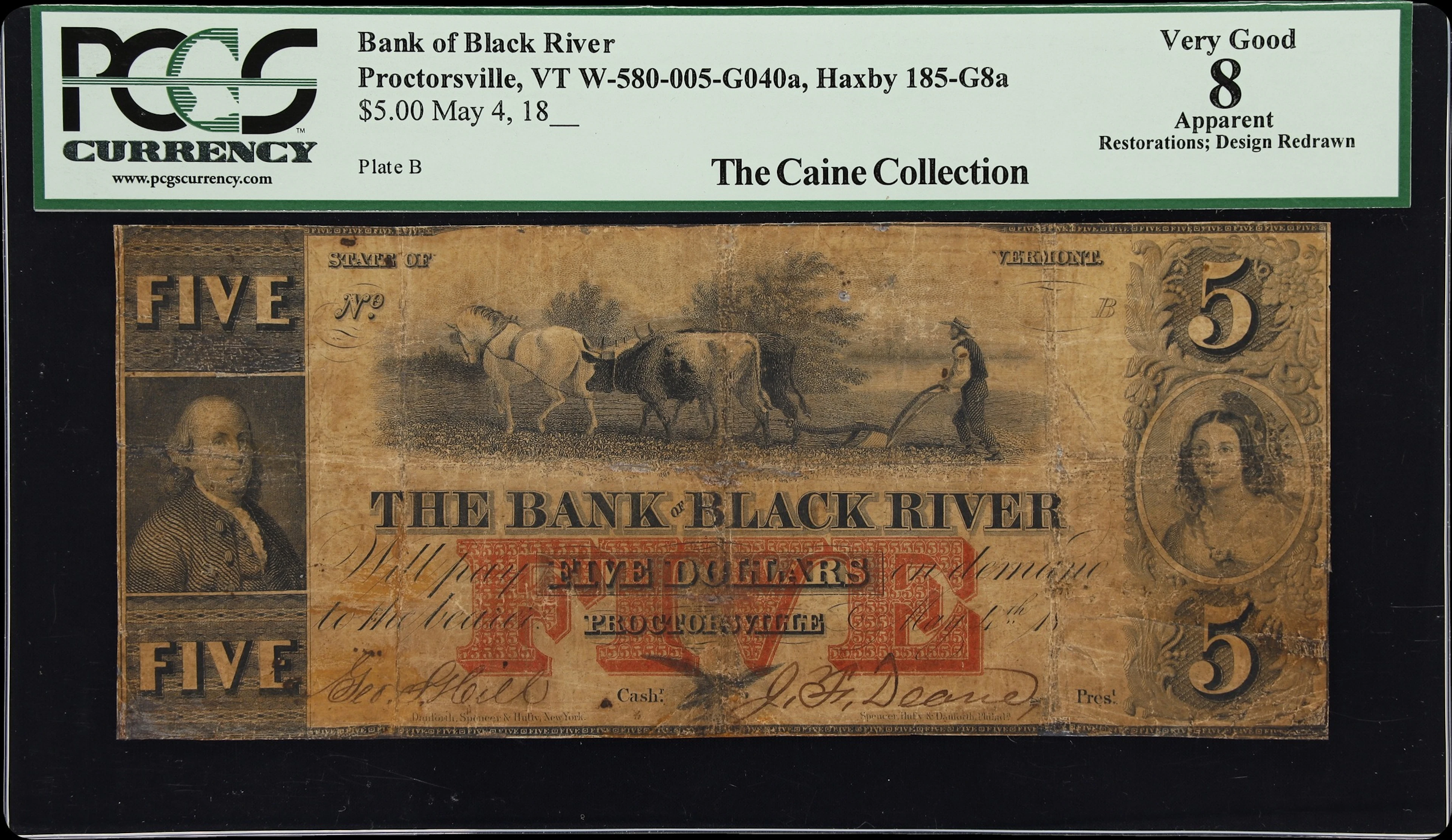 Proctorsville, Vermont. Bank of Black River. 18xx $5. PCGS Currency