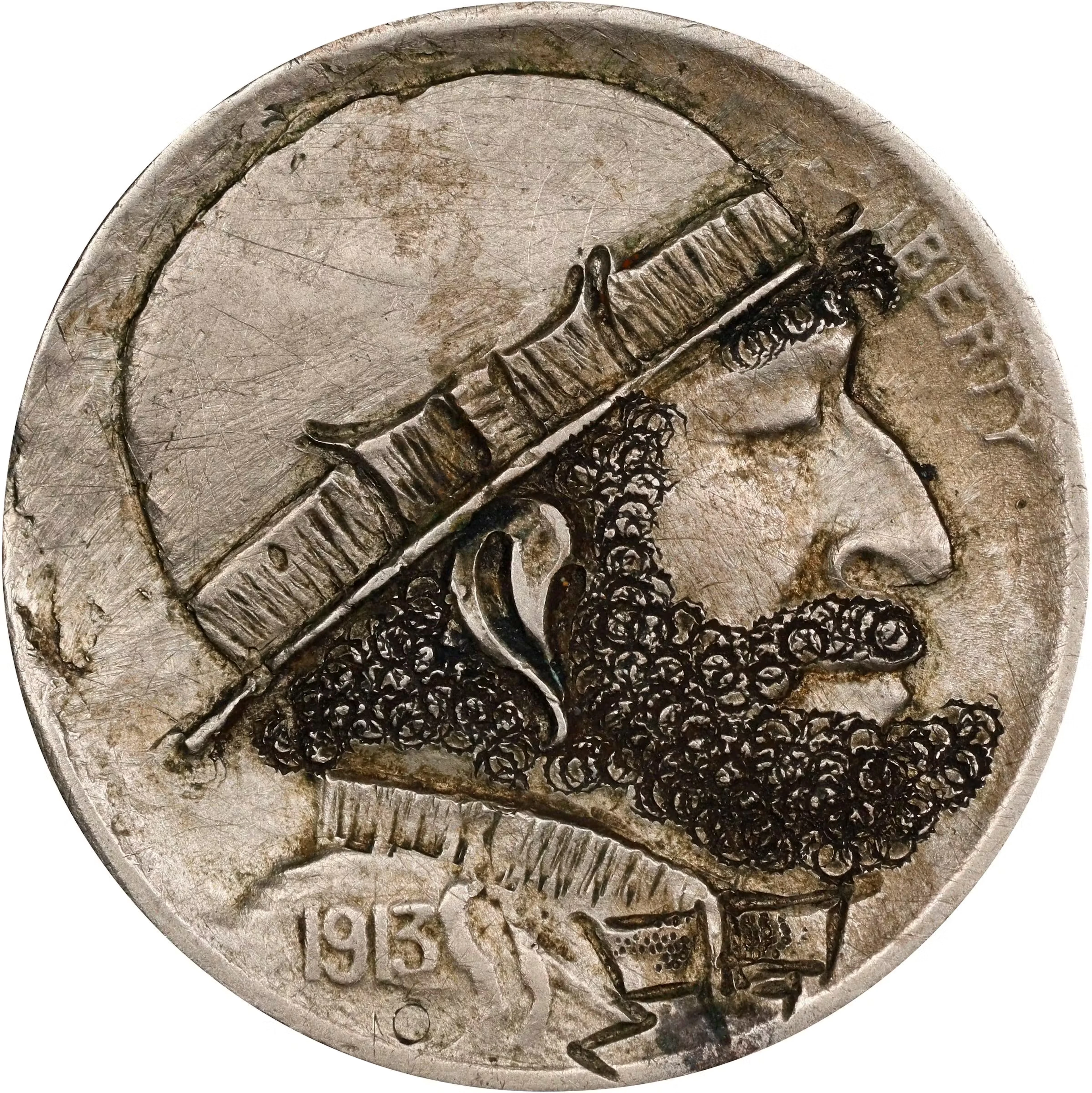 Bearded Man Wearing Derby / Hobo with Pack Hobo Nickel. Unknown Artist.