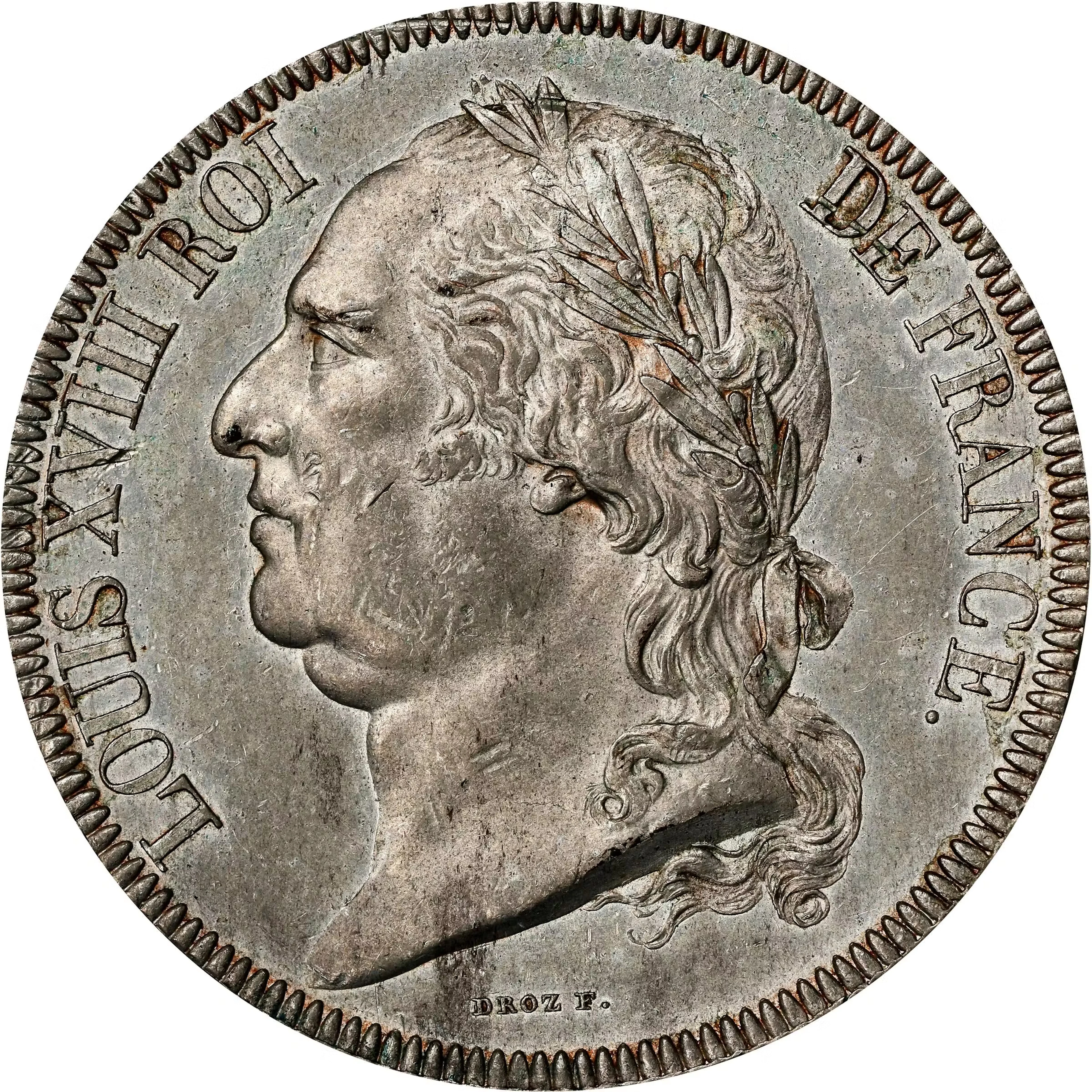 FRANCE. Kingdom (First Restoration). White Metal 5 Francs Essai (Pattern)