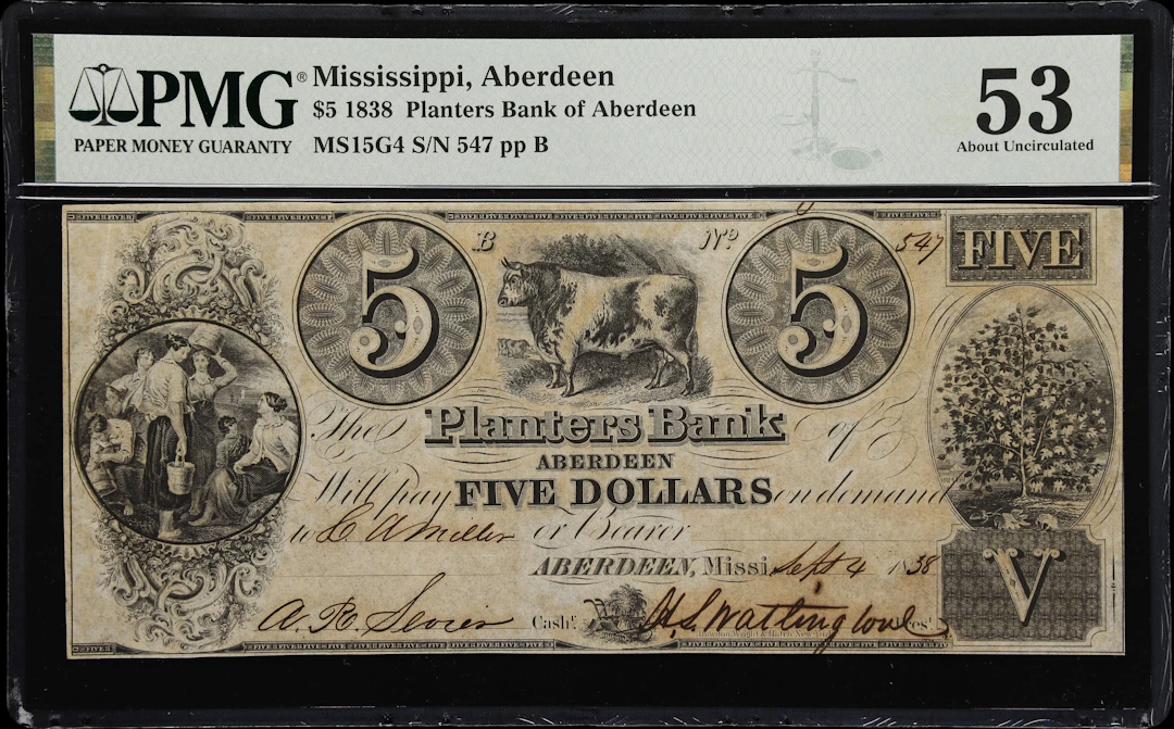 Aberdeen, Mississippi. Planters Bank of Aberdeen. 1838 $5. PMG About