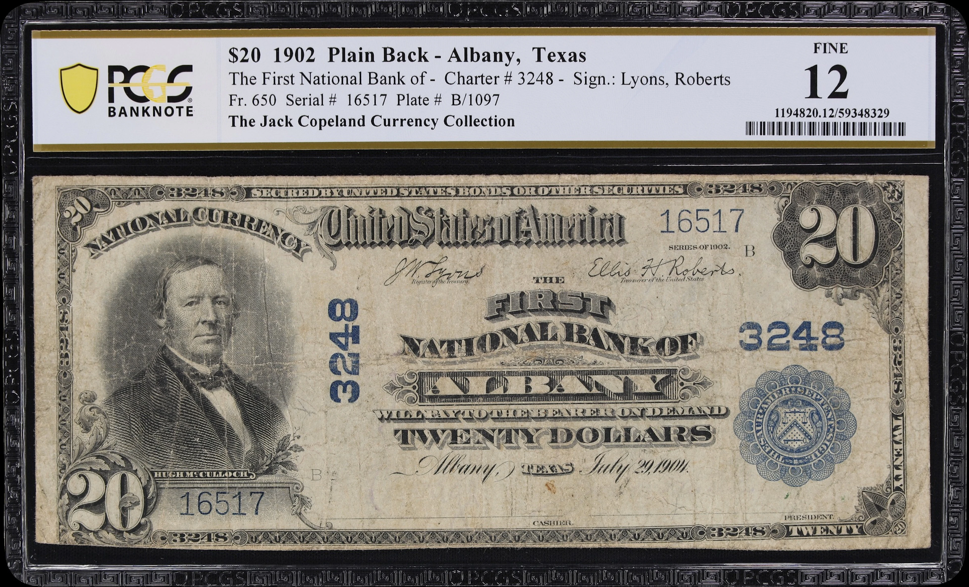 Albany, Texas. $20 1902 Plain Back. Fr. 650. First NB. Charter #3248.