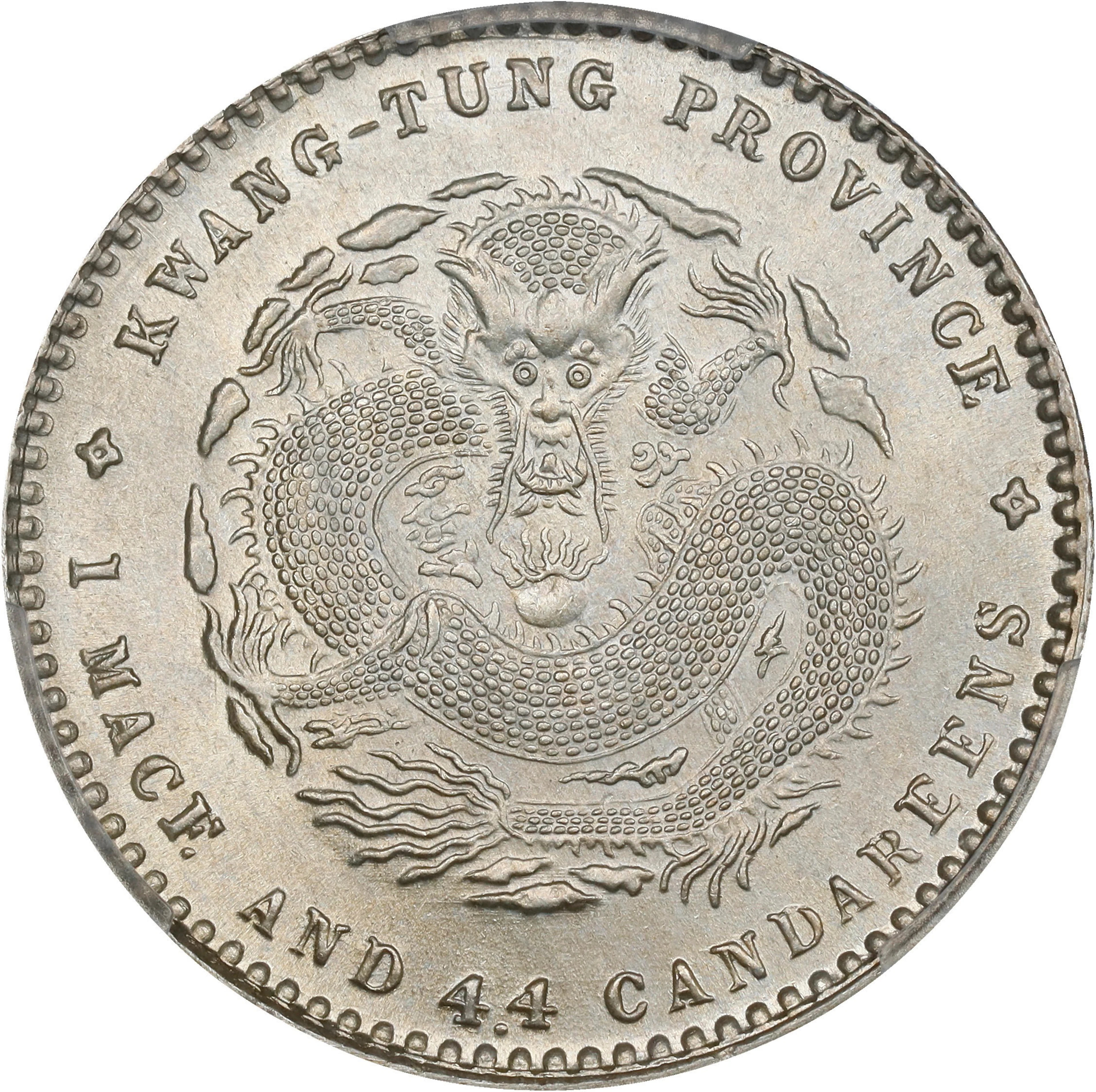 (t) CHINA. Kwangtung. 1 Mace 4.4 Candareens (20 Cents), ND (1909-11).