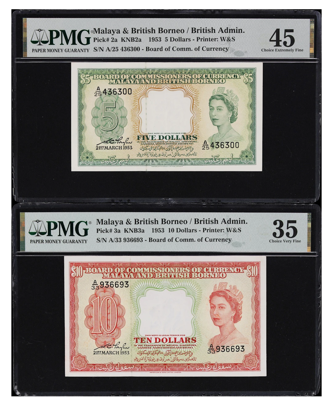 MALAYA AND BRITISH BORNEO. Lot of (2). Board of Commissioners of Currency.