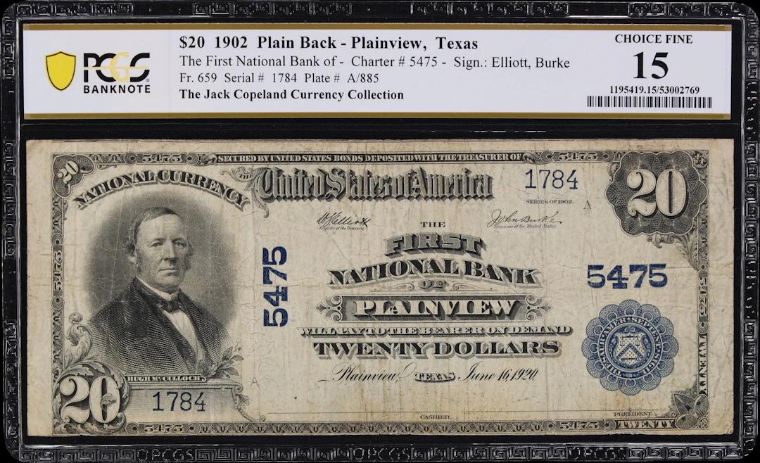 Plainview, Texas. $20 1902 Plain Back. Fr. 659. First NB. Charter