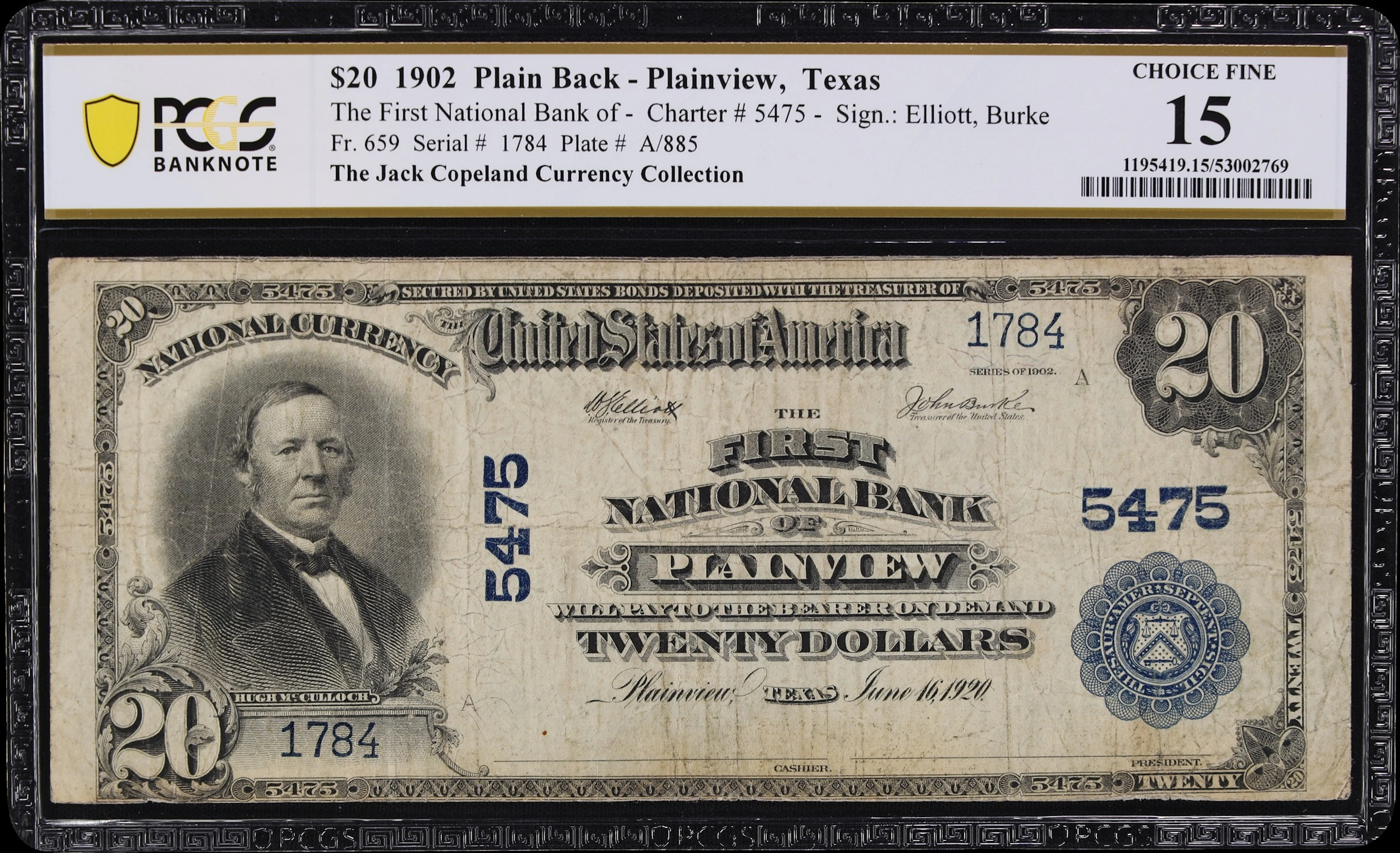 Plainview, Texas. $20 1902 Plain Back. Fr. 659. First NB. Charter