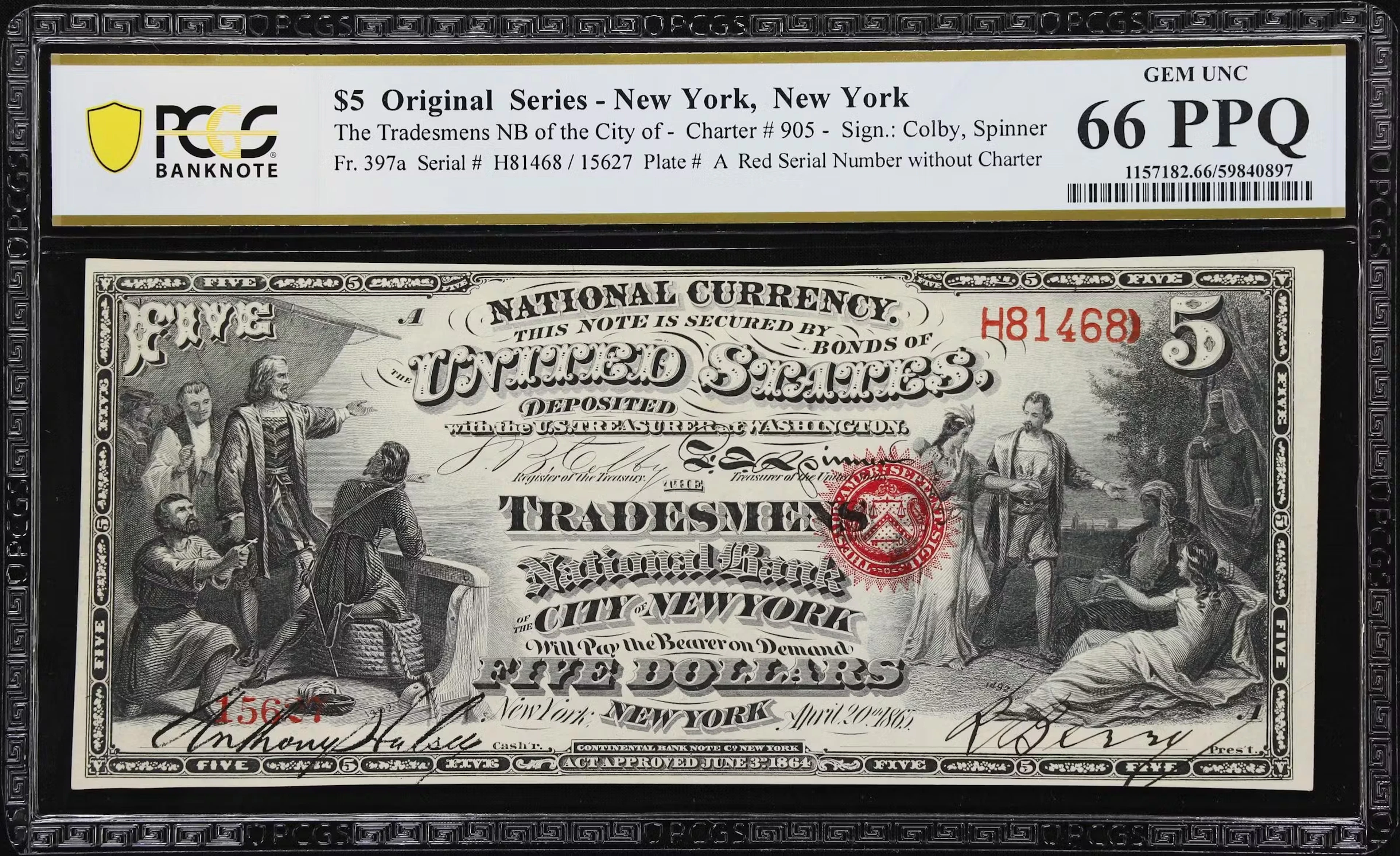 New York, New York. Original $5 Fr. 397a. Tradesmen's NB. Charter