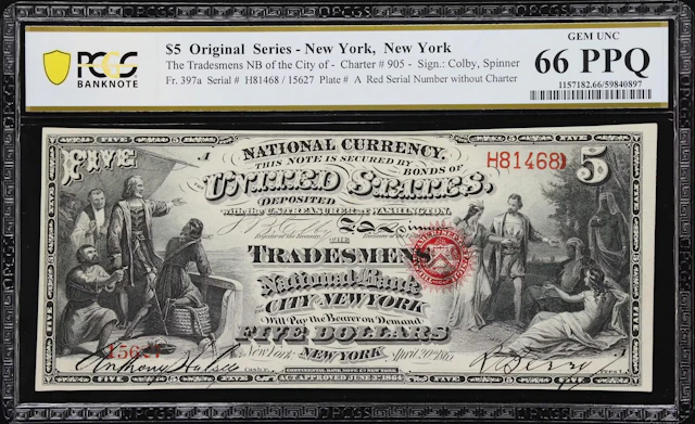 New York, New York. Original $5 Fr. 397a. Tradesmen's NB. Charter