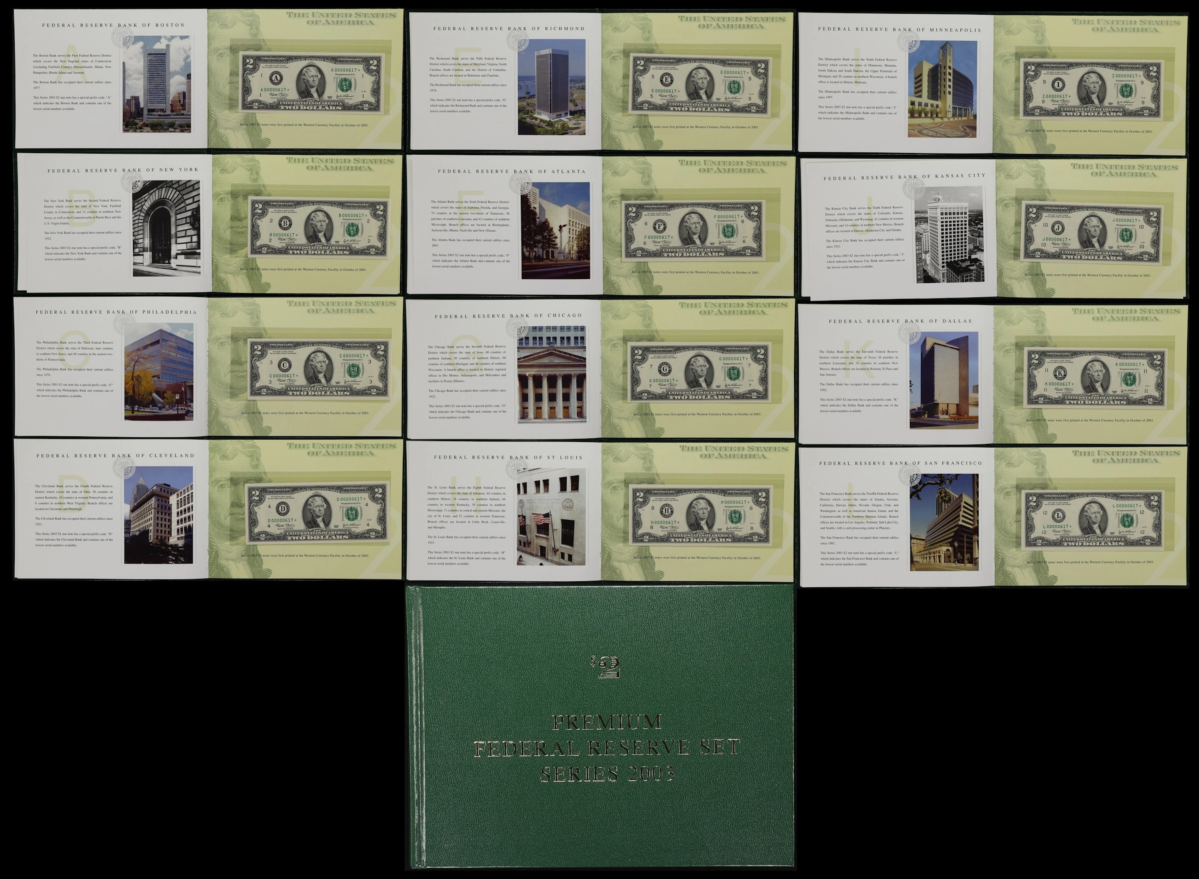 Book of (12) Fr. 1937-A* to 1937-L*. 2003 $2 Federal Reserve Star