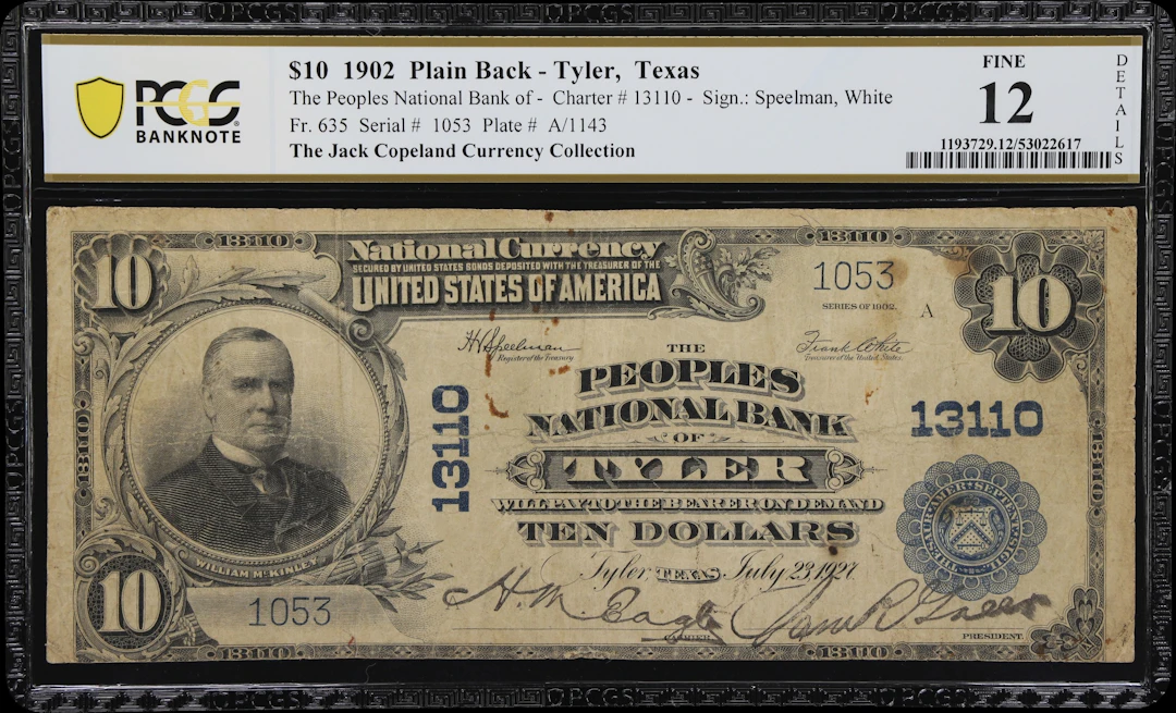Tyler, Texas. $10 1902 Plain Back. Fr. 635. Peoples NB. Charter #13110.
