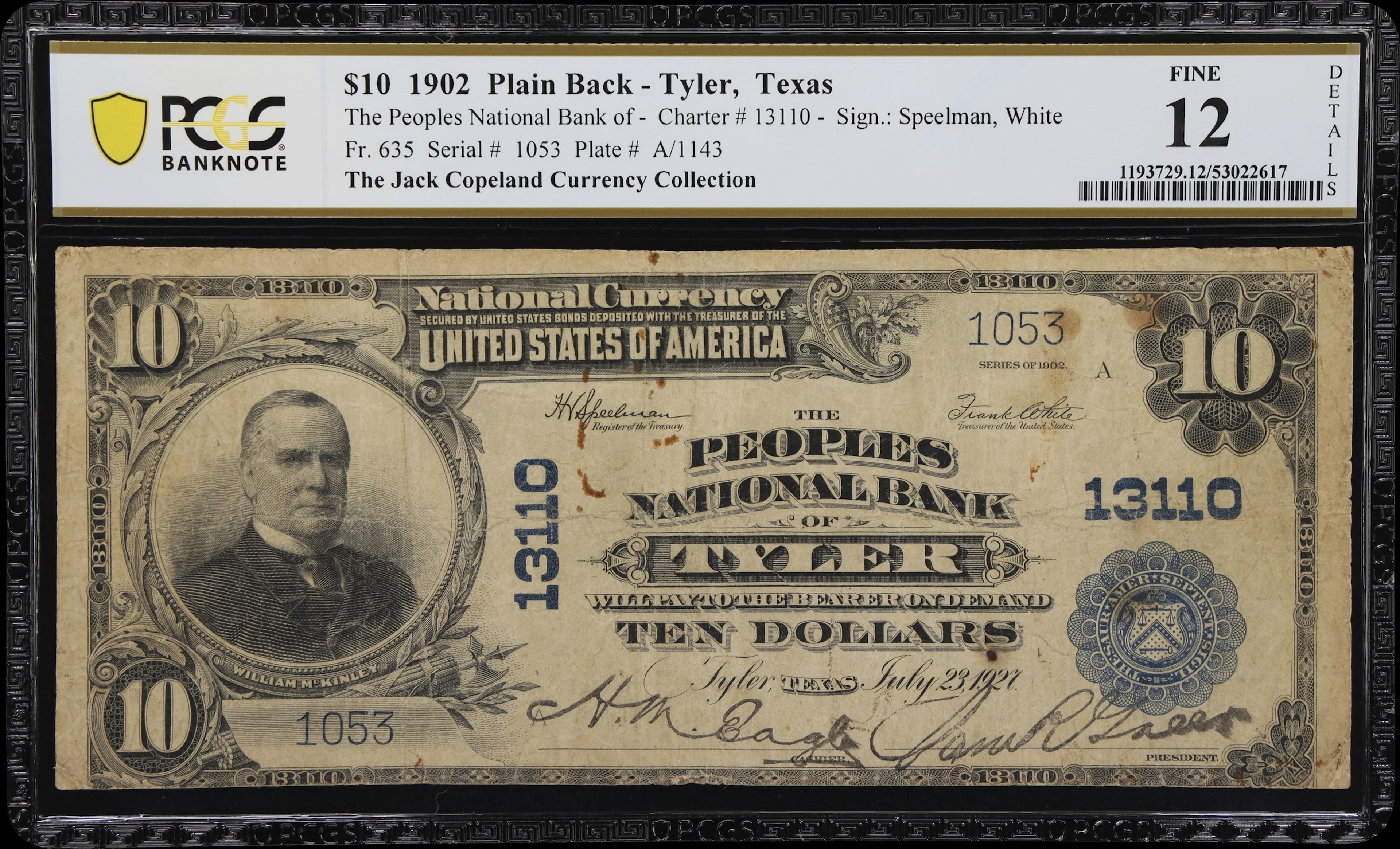 Tyler, Texas. $10 1902 Plain Back. Fr. 635. Peoples NB. Charter #13110.