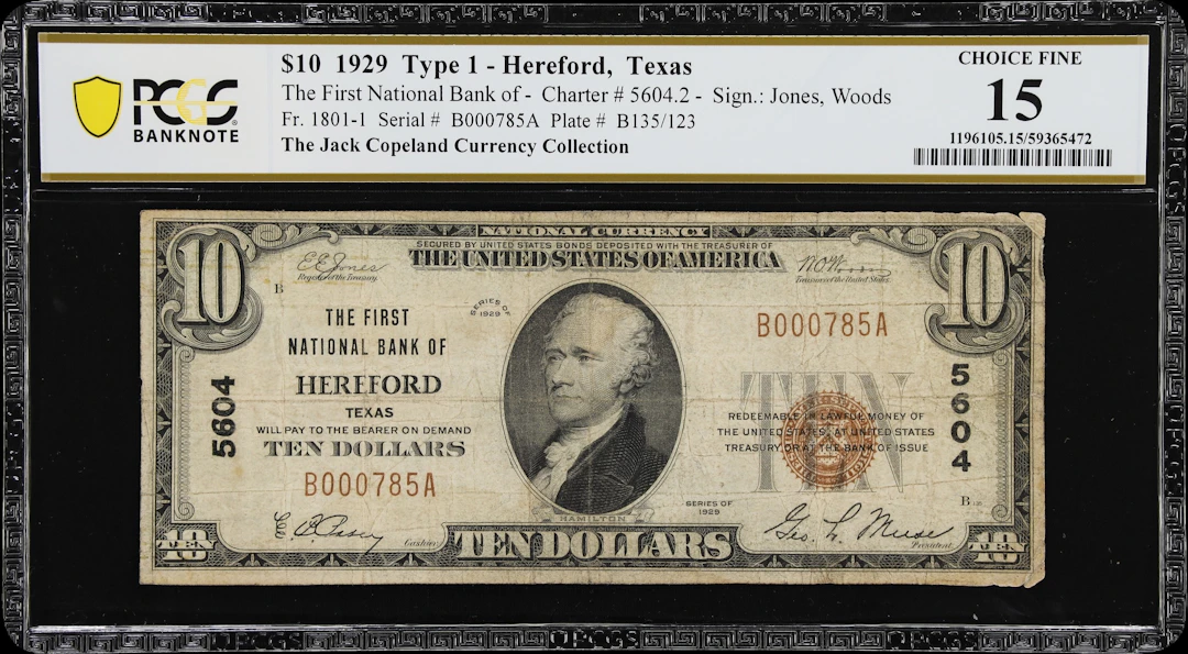 Hereford, Texas. $10 1929 Ty. 1. Fr. 1801-1. First NB. Charter #5604.
