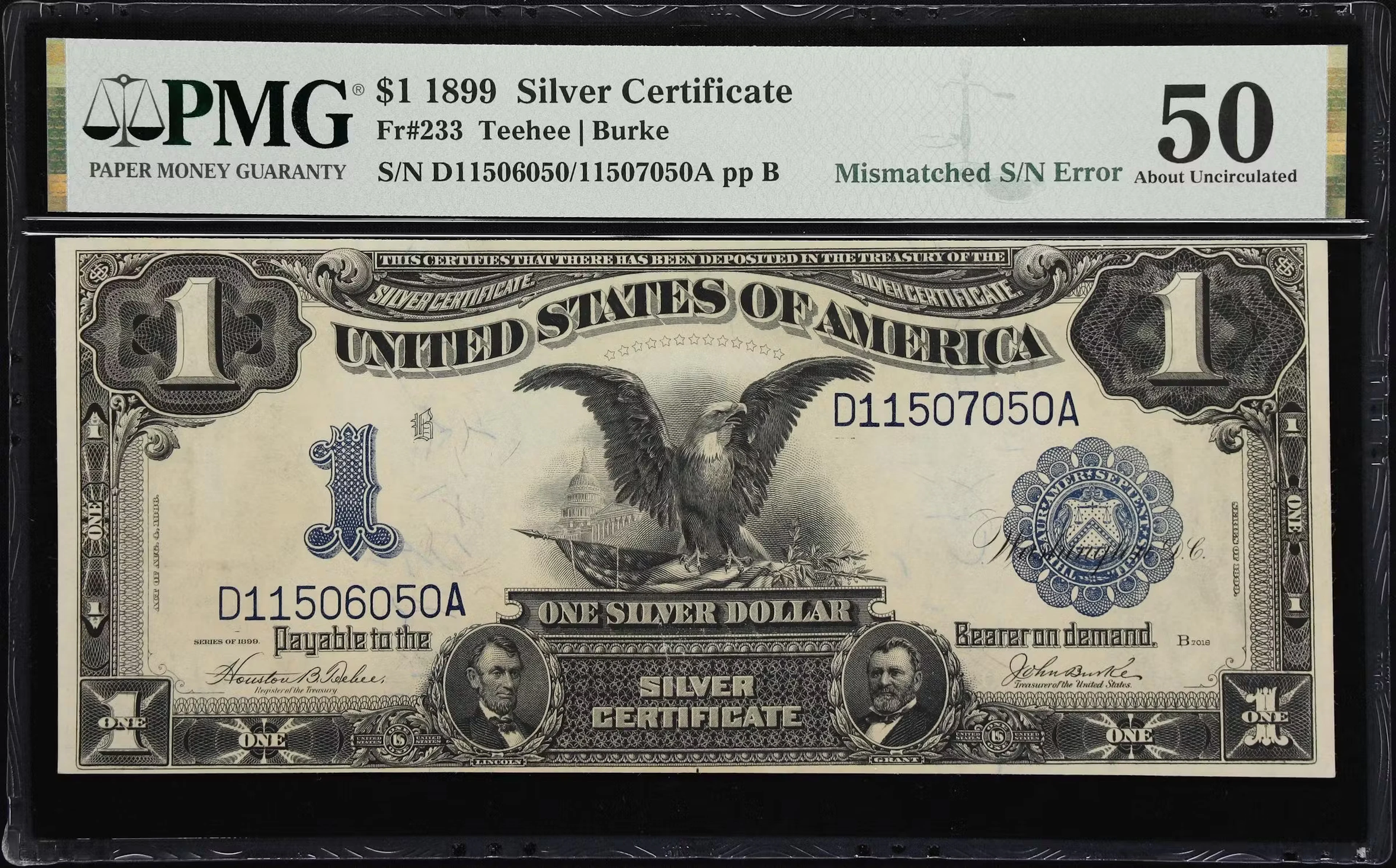 Fr. 233. 1899 $1 Silver Certificate. PMG About Uncirculated 50. Mismatched