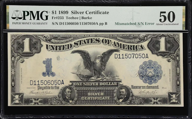 Fr. 233. 1899 $1 Silver Certificate. PMG About Uncirculated 50. Mismatched