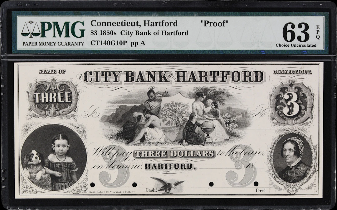 Hartford, Connecticut. City Bank of Hartford. 18xx $3. PMG Choice