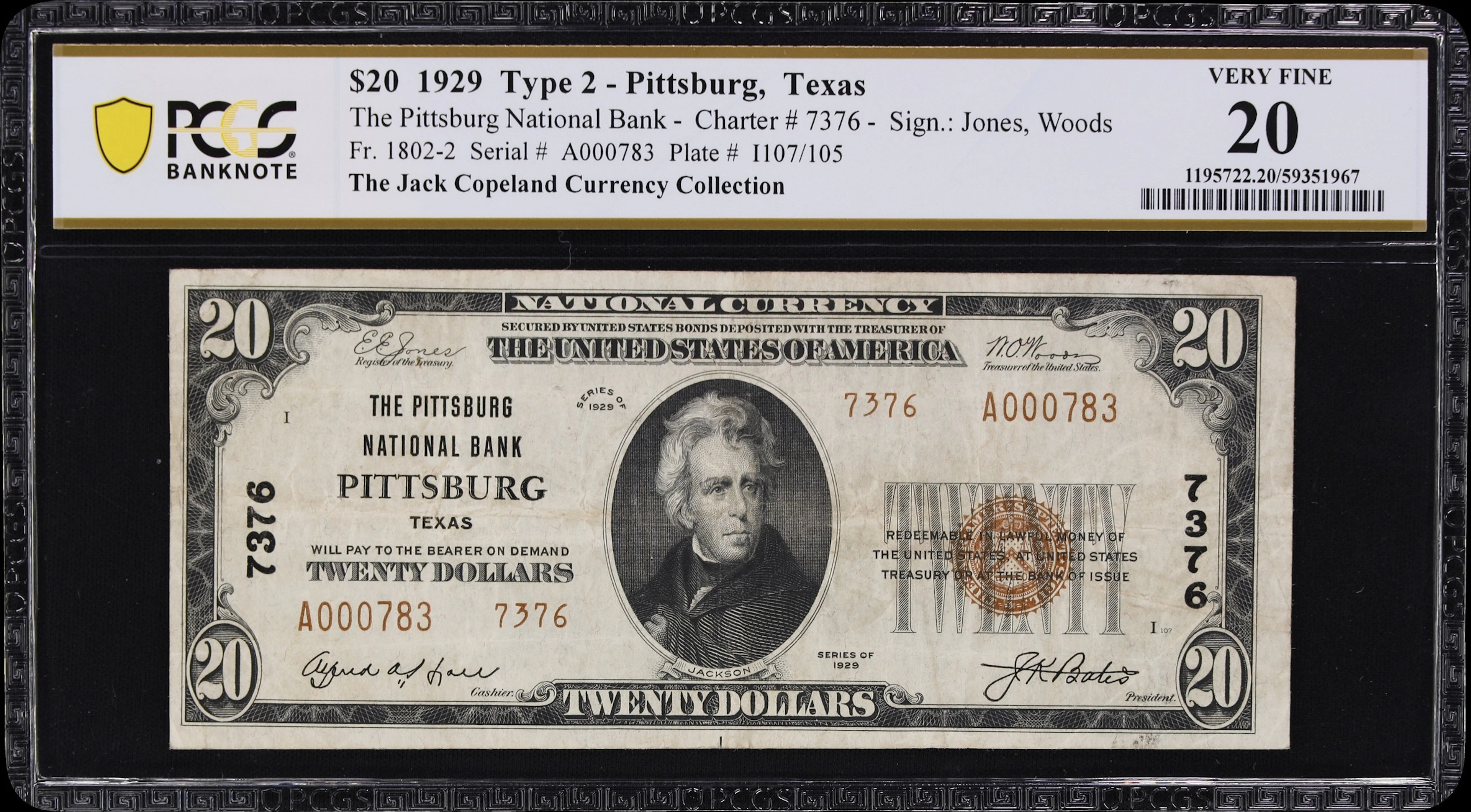 Pittsburg, Texas. $20 1929 Ty. 2. Fr. 1802-2. Pittsburg NB. Charter