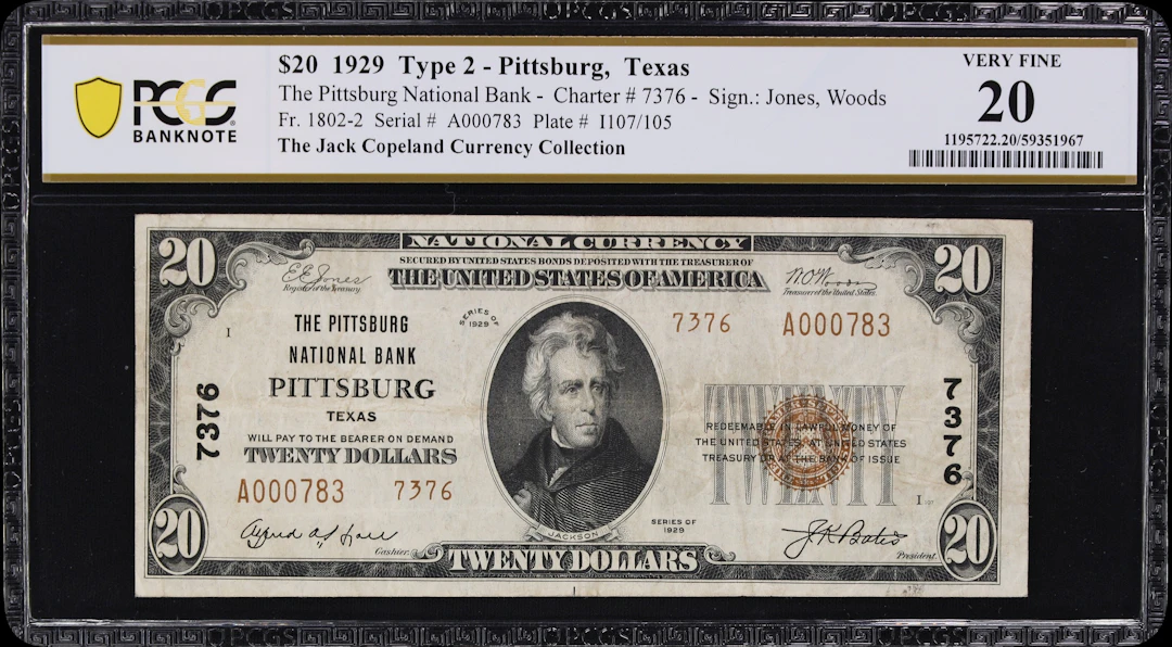 Pittsburg, Texas. $20 1929 Ty. 2. Fr. 1802-2. Pittsburg NB. Charter