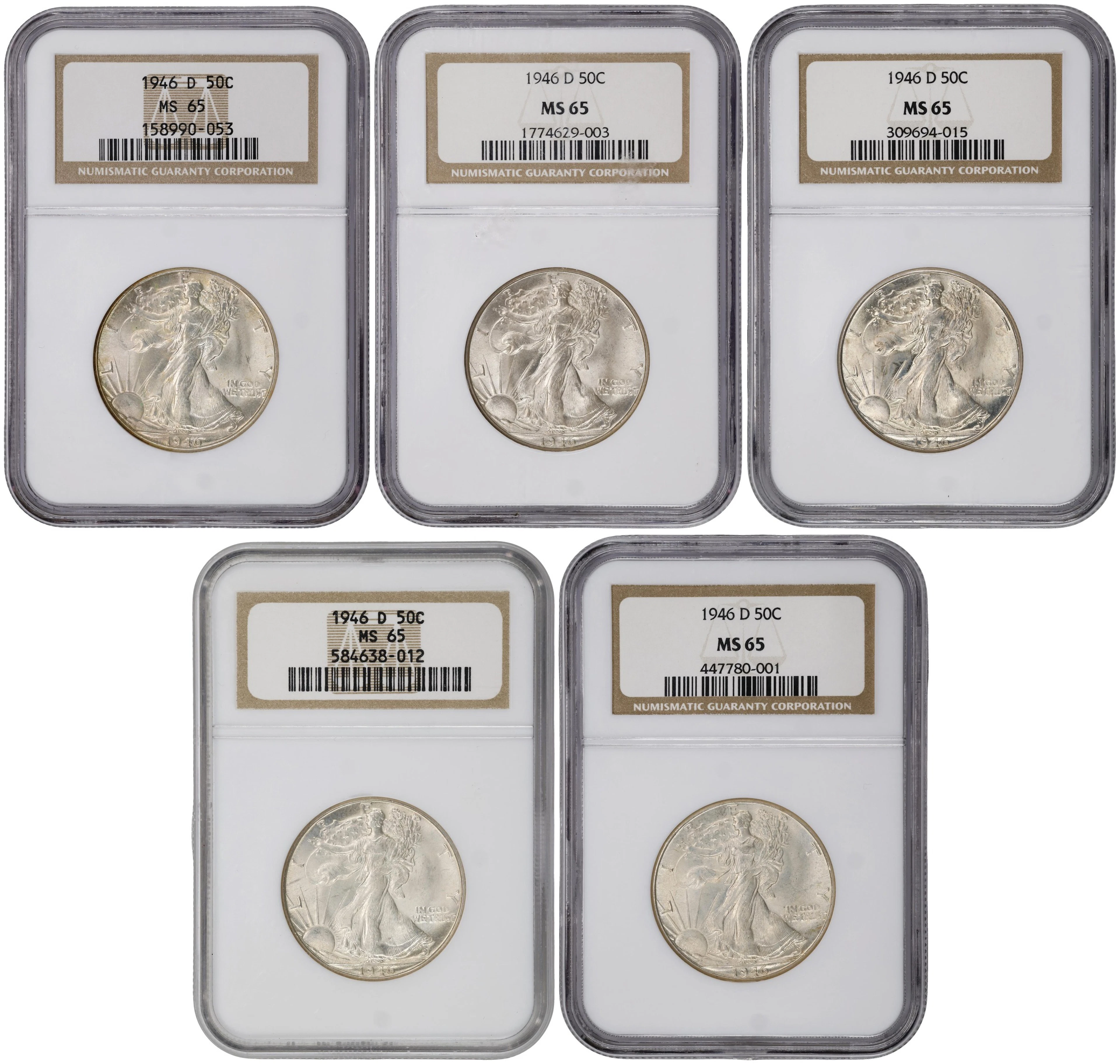 Lot of (5) 1946-D Walking Liberty Half Dollars. MS-65 (NGC).