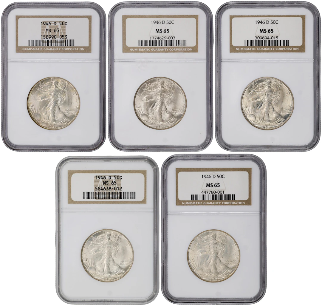 Lot of (5) 1946-D Walking Liberty Half Dollars. MS-65 (NGC).