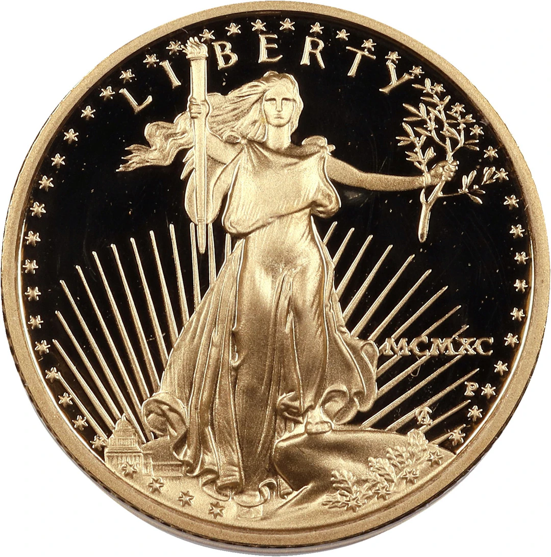 (0.1 oz, 3.11 g AGW). 1990 American Gold Eagle $5. Proof.