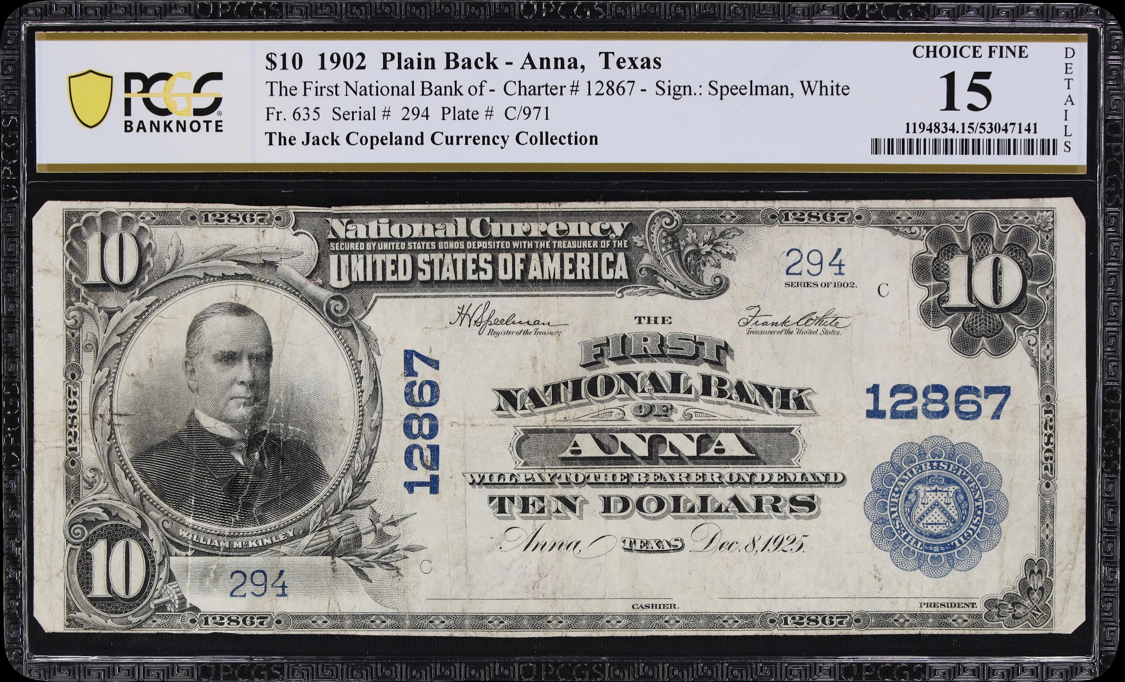 Anna, Texas. $10 1902 Plain Back. Fr. 635. First NB. Charter #12867.