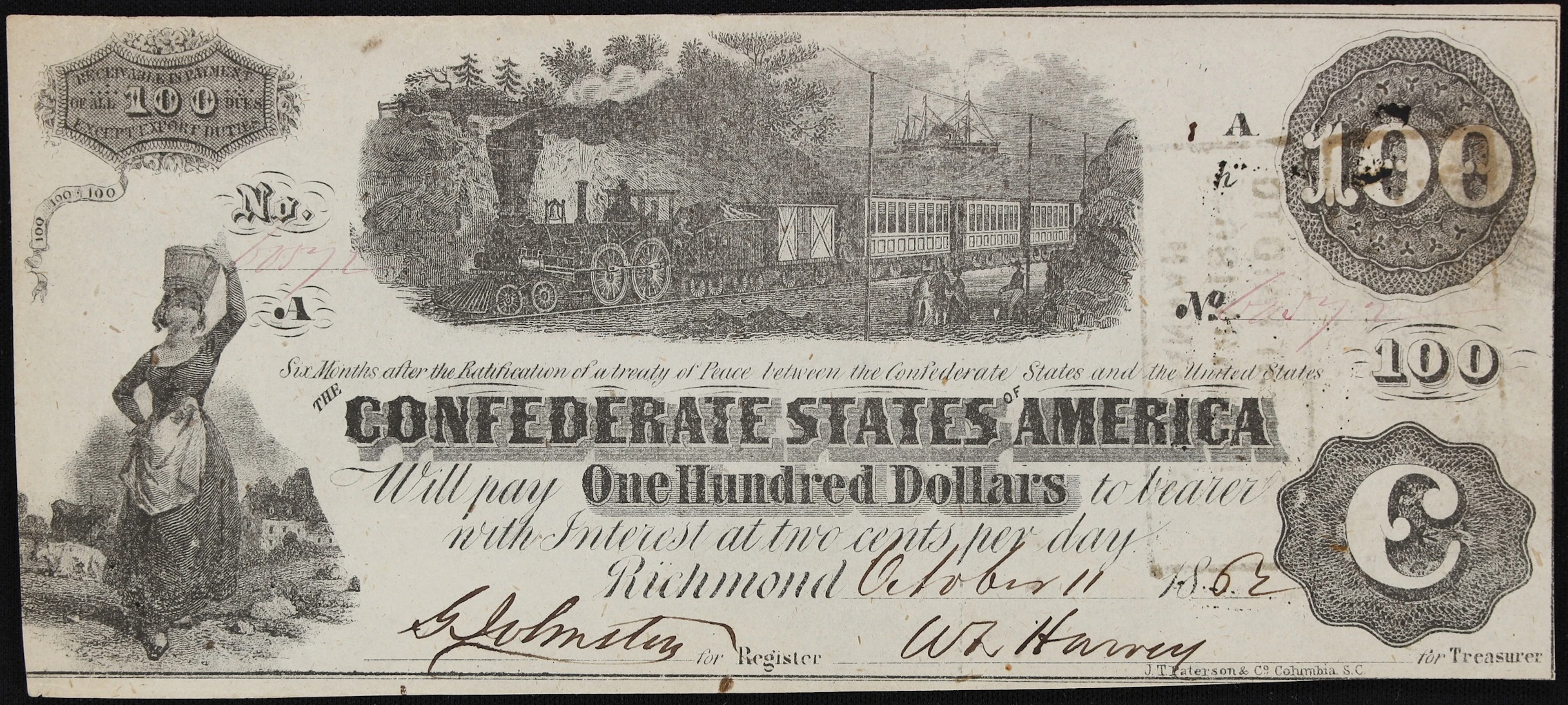 T-40. Confederate Currency. 1862 $100. Choice Uncirculated.