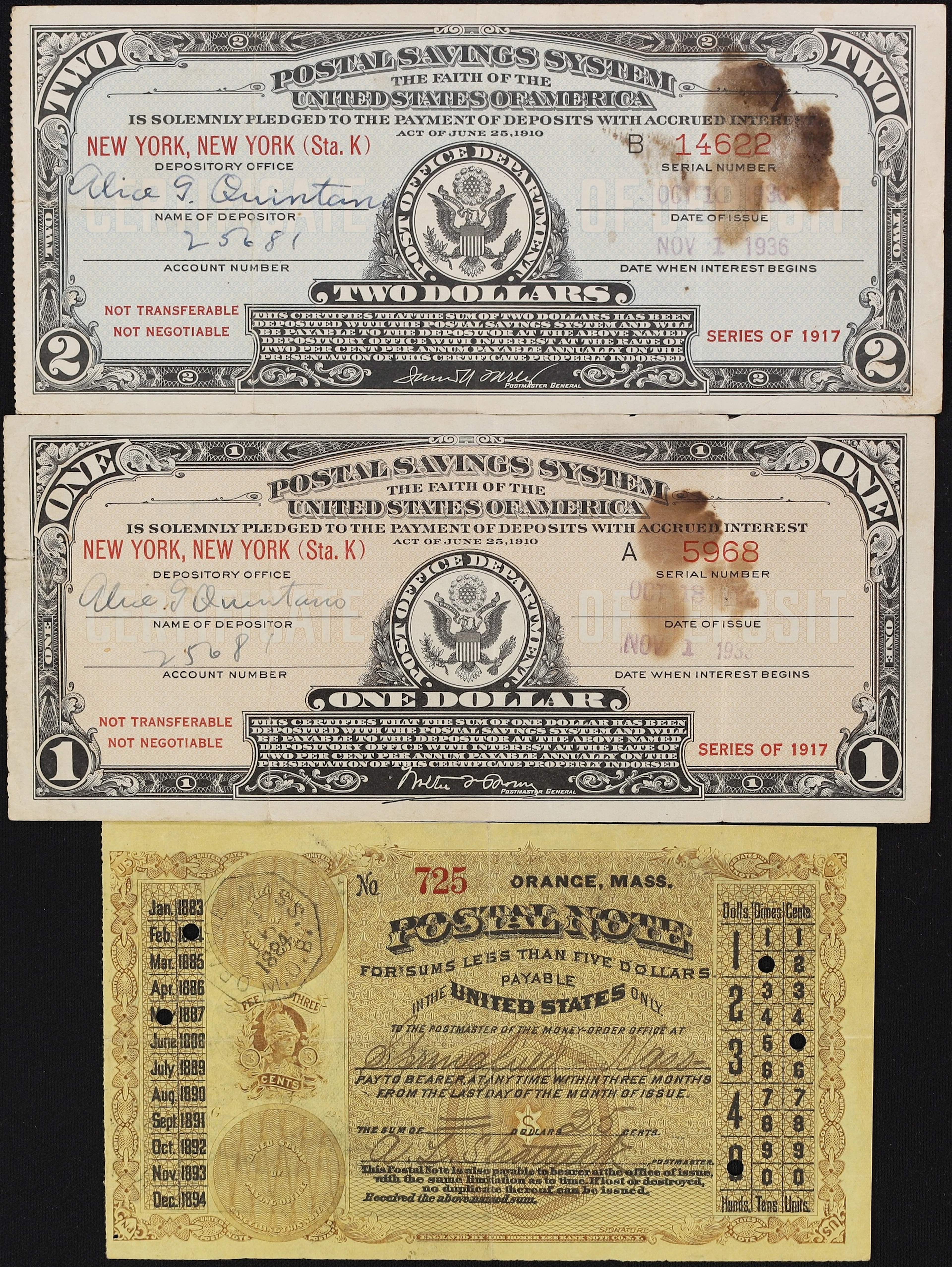 Lot of (3) Postal Note & Postal Savings System Notes. 1884 - 1933. Very Fine.