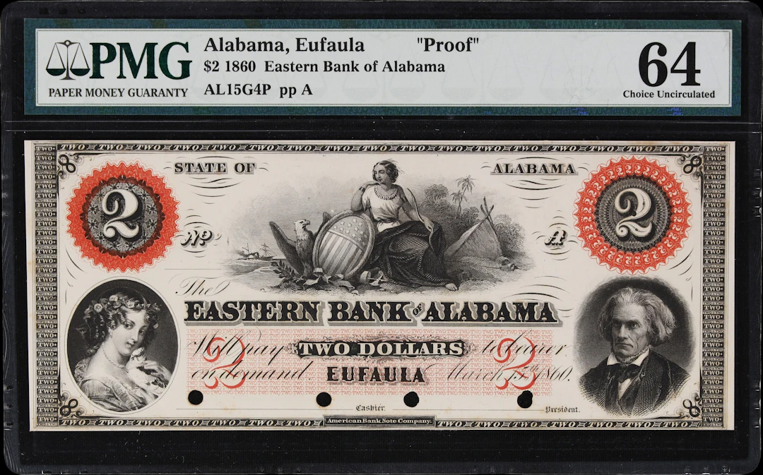 Eufaula, Alabama. Eastern Bank of Alabama. 1860 $2. PMG Choice Uncirculated