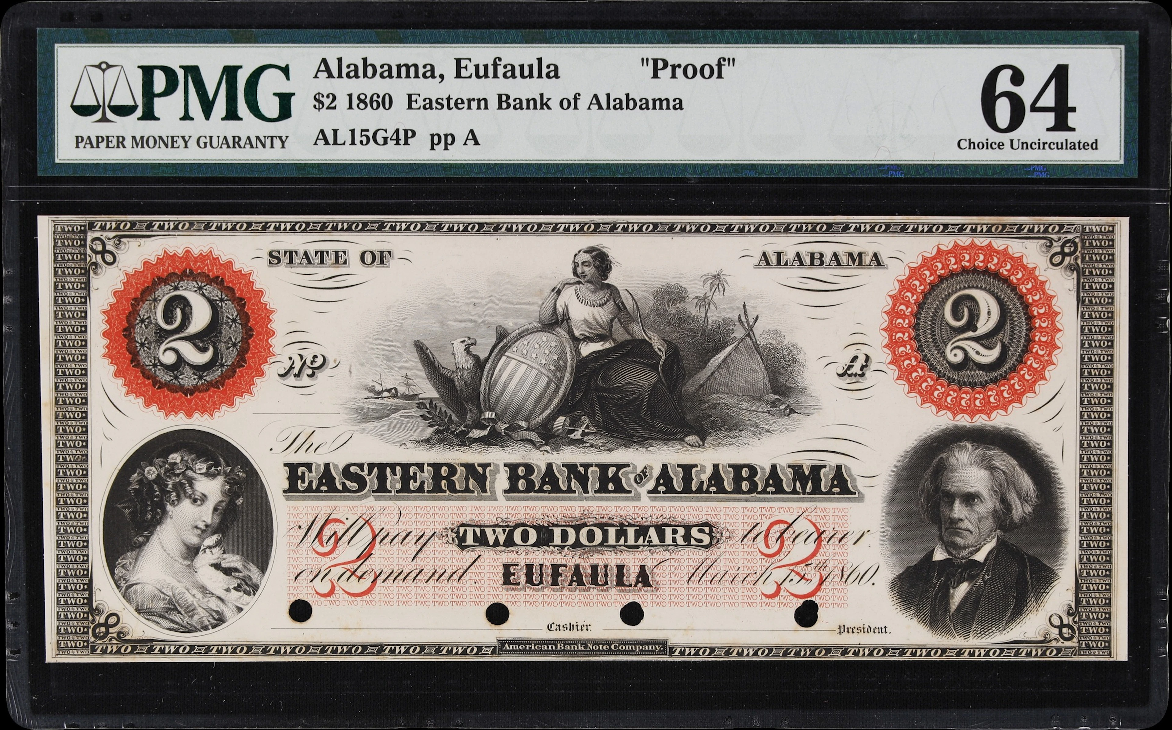 Eufaula, Alabama. Eastern Bank of Alabama. 1860 $2. PMG Choice Uncirculated