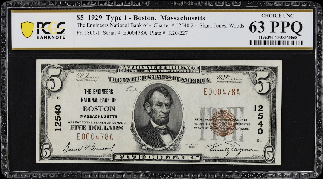 Boston, Massachusetts. $5 1929 Ty. 1. Fr. 1800-1. Engineers NB. Charter
