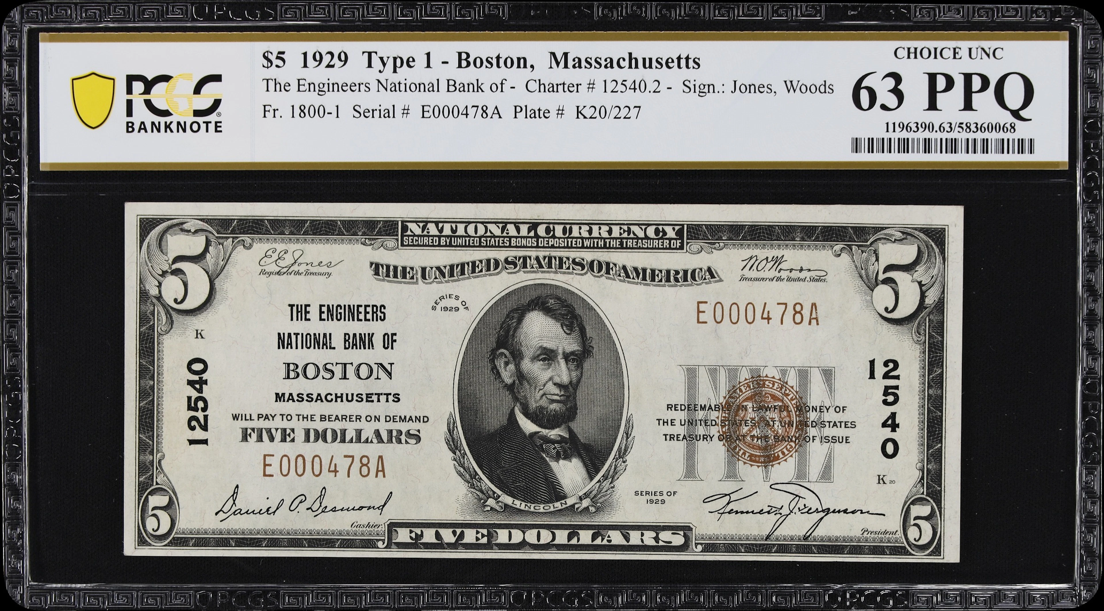 Boston, Massachusetts. $5 1929 Ty. 1. Fr. 1800-1. Engineers NB. Charter