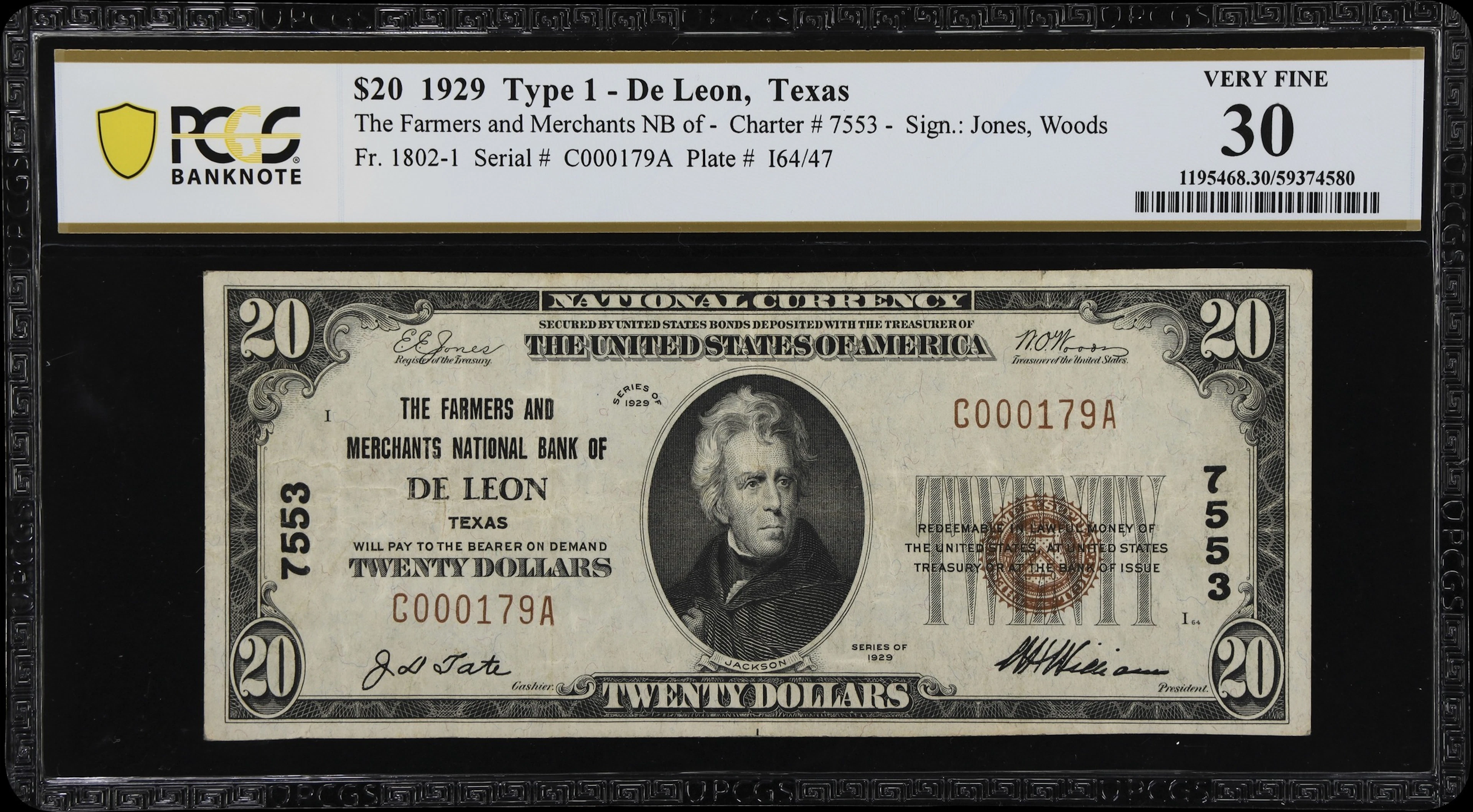 De Leon, Texas. $20 1929 Ty. 1. Fr. 1802-1. Farmers & Merchants NB.