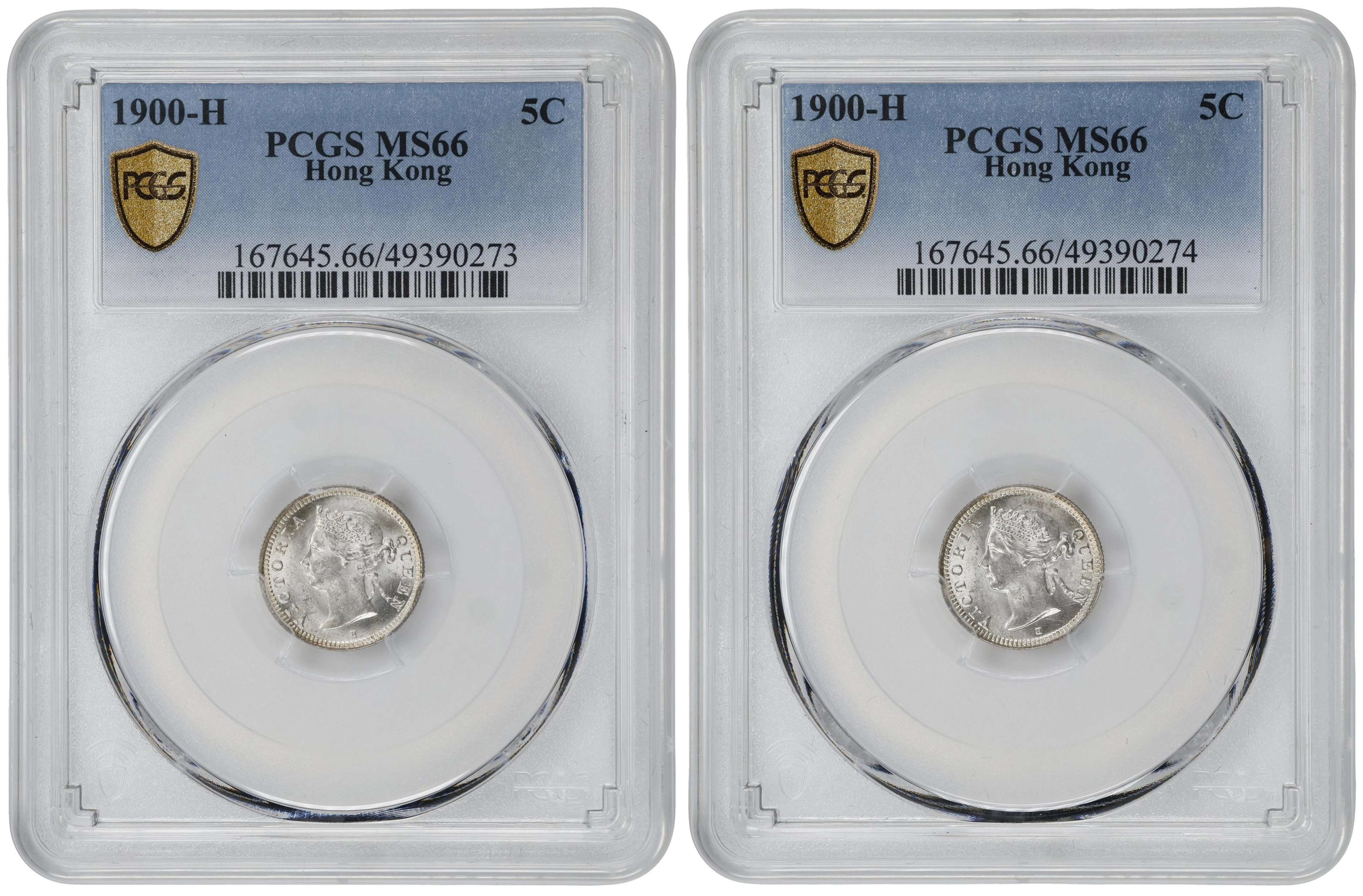 (t) HONG KONG (SAR). Duo of 5 Cents (2 Pieces), 1900-H. Birmingham